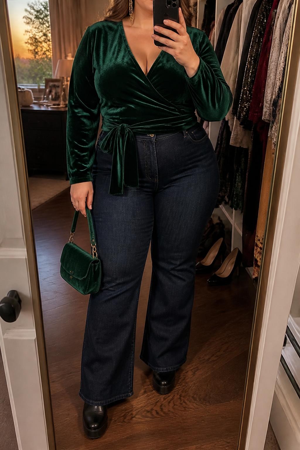 Mirror selfie of a plus size woman wearing an emerald green velvet wrap top with long sleeves and a softly tied waist, dark indigo high-waisted flared jeans, black platform ankle boots, a small emerald velvet handbag, and gold chain earrings, clearly showing the exact clothing items, emerald velvet, dark denim, black footwear, and accessories listed, holding a phone in front of a mirror, cropped at the neck so the face is hidden, relaxed confident selfie pose, in a walk-in closet mirror with evening golden-hour lighting, an open closet with clothes visible and a pair of heels on the floor nearby, realistic festive Thanksgiving dinner appearance, latest iPhone photo quality.