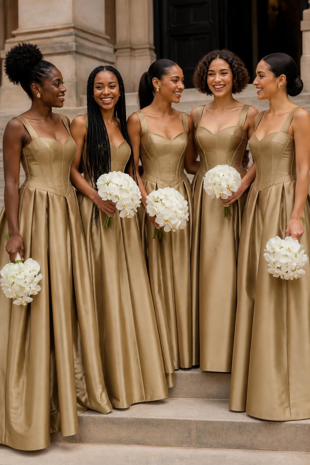 Realistic fashion-forward wedding portrait of five bridesmaids wearing antique gold silk-faille gowns with softly structured corset bodices, wide square necklines, curved basque waists, and full floor-length skirts with hidden side pockets, women with very deep brown, cool dark brown, cinnamon, golden tan, and pale neutral skin tones, different torso lengths, bust sizes, and body proportions represented naturally, bright joyful faces with distinct features, realistic skin texture and small flyaway hairs, hairstyles including a sculpted natural updo, waist-length braids, polished ponytail, short curly bob, and smooth chignon, photographed on broad sandstone steps outside a historic city venue, carrying compact ivory orchid bouquets, clear morning light showing the matte metallic finish, visible seams, natural fabric stiffness, and deep skirt folds.