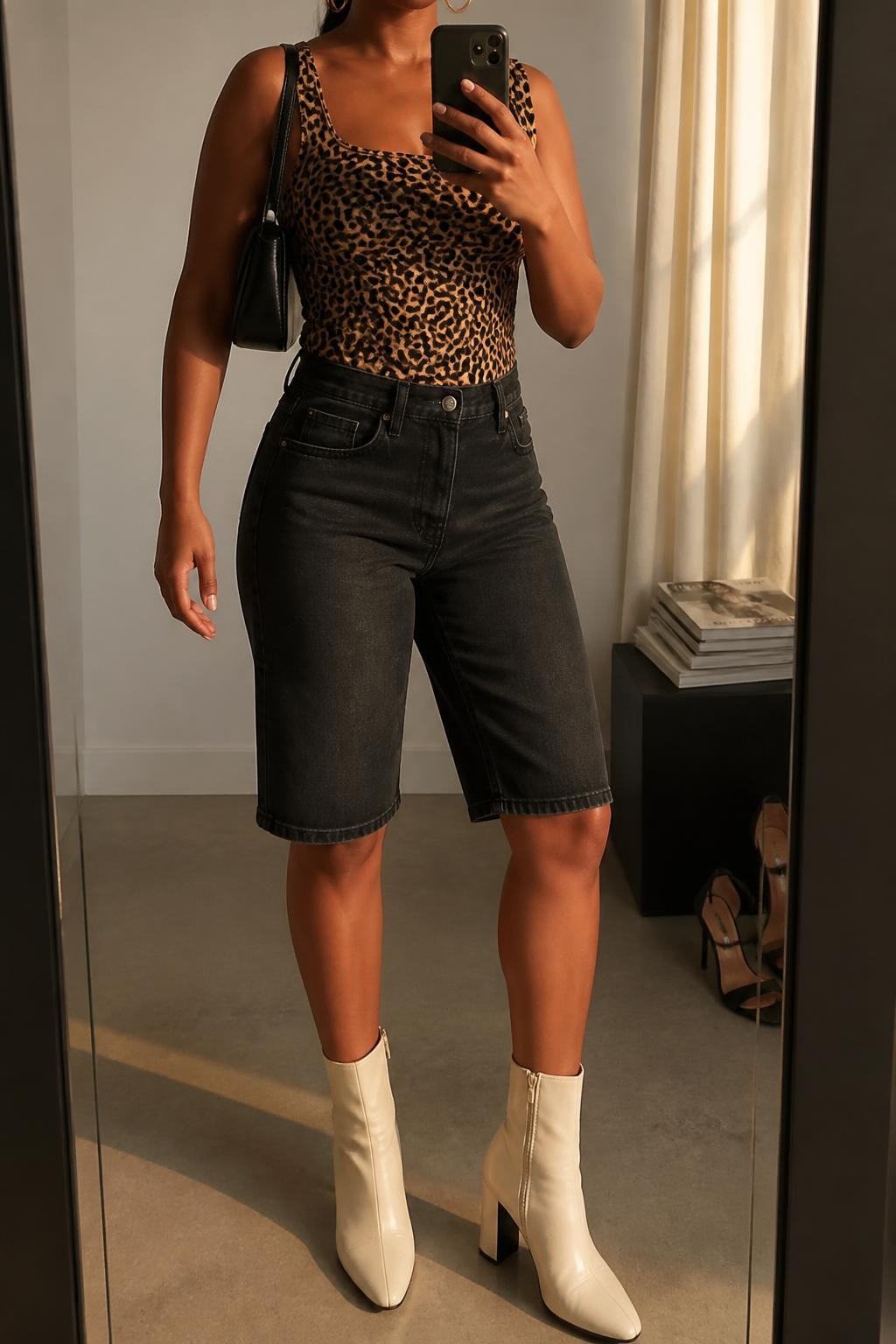 mirror selfie of a woman with medium brown skin wearing long clean black denim jorts ending near the knee, a fitted leopard print tank in warm brown and black tones, cream leather ankle boots with a slim block heel, a black structured shoulder bag and medium gold hoop earrings, wearing exactly the listed outfit with no extra clothing pieces, holding a phone in front of a mirror, cropped at NECK so the face does not show, relaxed confident selfie pose, in a minimal dressing room, evening golden hour, stack of fashion magazines on a side table and a pair of heels on the floor nearby, believable latest iPhone photo quality.