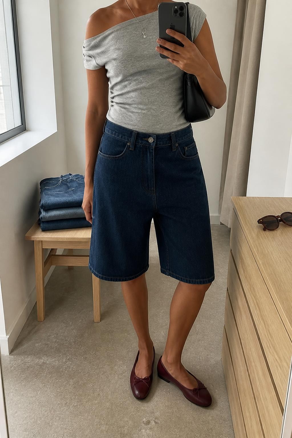 mirror selfie of a woman with medium brown skin wearing dark blue baggy knee-length denim jorts, a fitted heather gray off-shoulder stretch cotton top, burgundy ballet flats, a black rectangular shoulder bag and a slim silver pendant necklace, wearing exactly the listed outfit without added garments, holding a phone in front of a mirror, cropped at NECK so the face does not show, relaxed casual selfie pose, in a minimal dressing room, natural window light, folded denim jeans on a bench and sunglasses placed on a dresser, believable everyday fashion photo, latest iPhone photo quality.