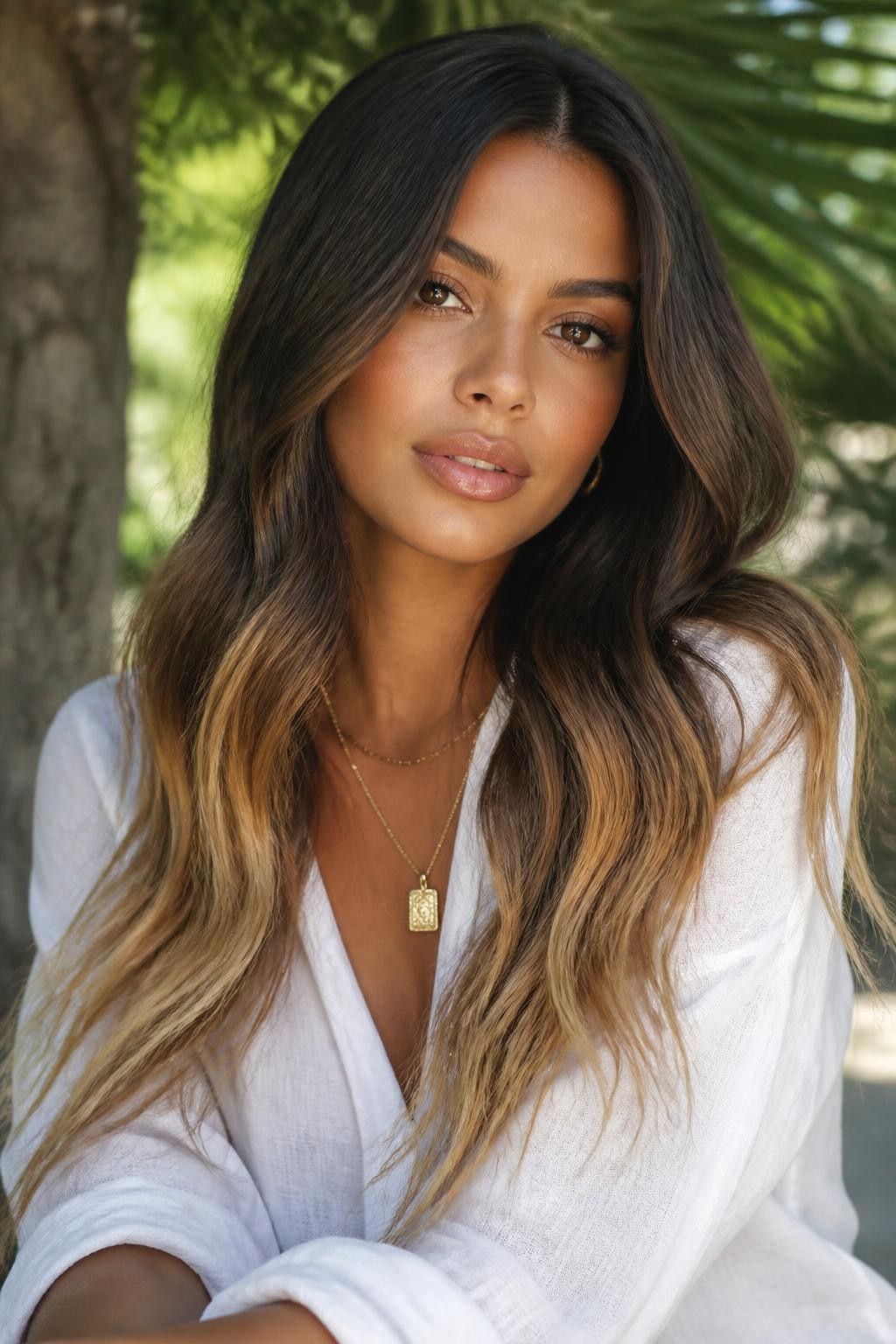 Image Prompt: A stylish brunette woman with long dark brown hair fading into golden blonde ombre ends, glossy dark roots and mid-lengths, warm golden blonde tips, soft beachy waves, warm medium skin tone, glowing summer makeup, nude gloss, gold jewelry, white linen shirt, outdoor daylight with softly blurred greenery, realistic DSLR beauty editorial portrait, smooth dark-to-light color transition, no text, (no watermarks on images)