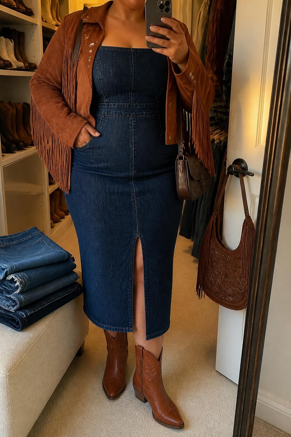 Mirror selfie of a plus size woman wearing a dark indigo sleeveless denim midi dress with a square neckline, fitted waist, and front slit, a cropped rust suede jacket with fringe along the sleeves and back, rust leather ankle cowboy boots, and a small dark brown leather shoulder bag, clearly showing the exact clothing items, dark denim, rust suede fringe, matching boots, slit, and accessories listed, holding a phone in front of a mirror, cropped at the neck so her face does not appear, relaxed confident selfie pose, in a walk-in closet mirror with evening golden-hour lighting, folded denim jeans on a bench and a handbag hanging on a door handle, realistic vaquera concert outfit, latest iPhone photo quality.