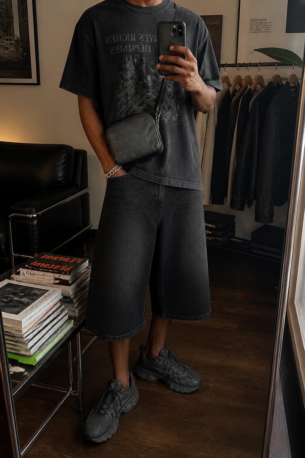 mirror selfie of a Black man wearing wide-leg black denim jorts, an oversized washed black cotton graphic T-shirt with a faded gray chest graphic, chunky dark gray sneakers, a silver chain bracelet and a compact charcoal crossbody bag, wearing only the exact listed outfit and accessories, holding a phone in front of a mirror, cropped at NECK so the face does not show, relaxed masculine selfie pose, in a stylish city apartment, warm moody lighting, stack of fashion magazines on a side table and a clothing rack with garments behind, believable casual realism, latest iPhone photo quality.