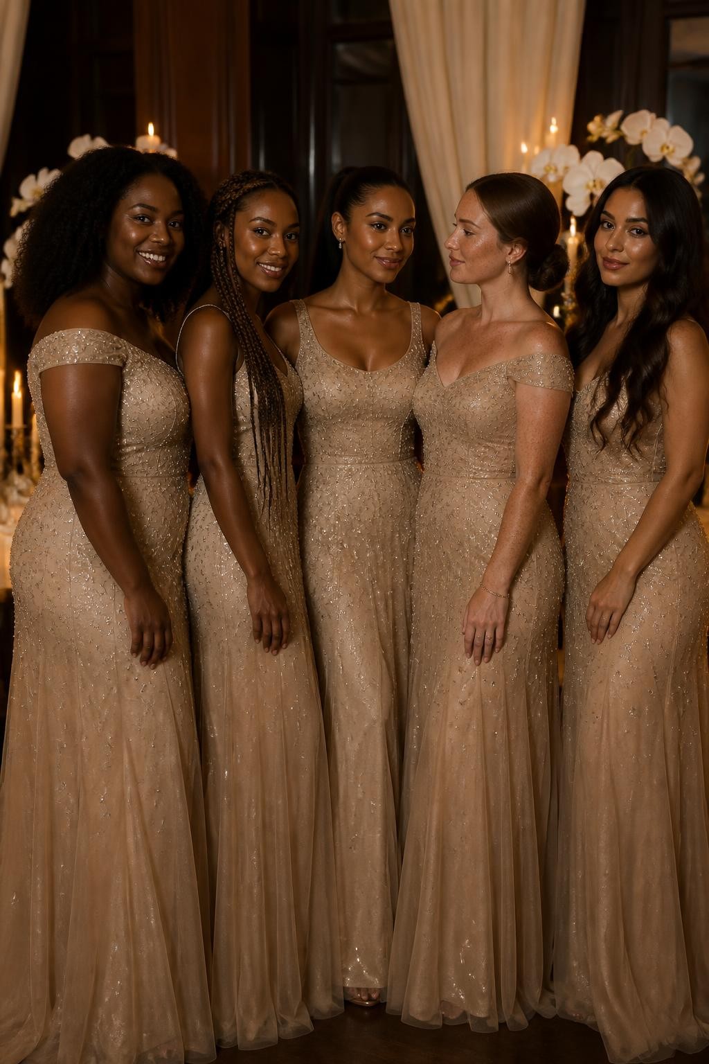 Realistic candlelit evening wedding portrait of five bridesmaids wearing warm nude-lined gold mesh gowns with carefully scattered micro-beads and tiny sequins concentrated lightly across the bodices before fading down the skirts, clean scoop and off-shoulder necklines, women with very deep brown, dark warm brown, caramel, olive, and fair freckled skin tones, naturally different ages and curvy, slim, petite, tall, and plus-size figures, bright beautiful faces with realistic skin texture and soft evening makeup, hairstyles including natural curls, waist-length braids, polished ponytail, smooth chignon, and loose waves, standing inside an intimate ballroom with cream drapery, taper candles, dark wood, and white orchid arrangements, warm low lighting creating small controlled points of sparkle, visible mesh layers and natural dress folds, no excessive glitter or overexposed highlights.