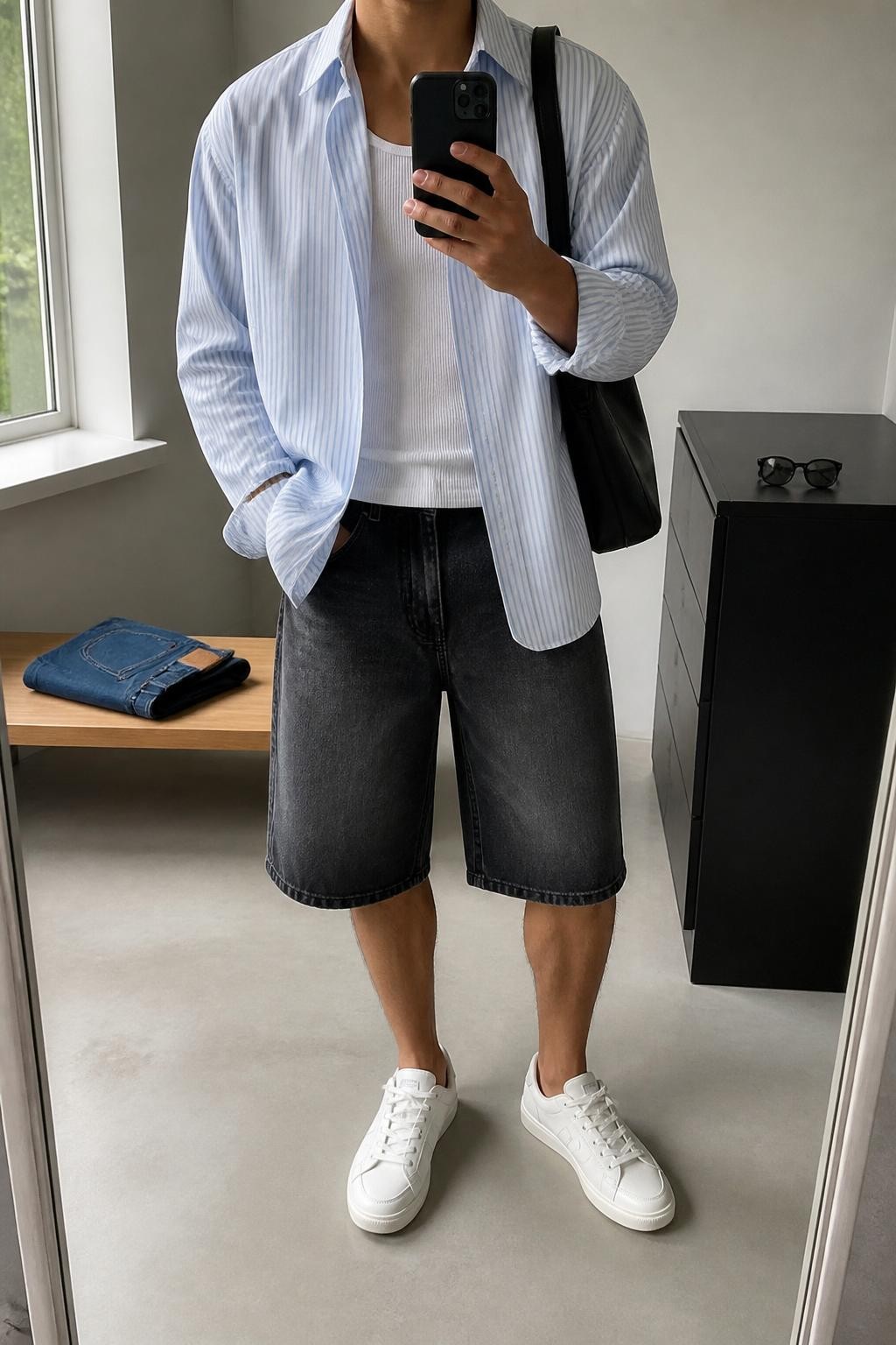 mirror selfie of a man with light brown skin wearing straight black Bermuda denim jorts, a loose pale blue and white striped cotton button-up shirt over a plain white ribbed tank, white leather sneakers and a black leather shoulder bag, wearing exactly the listed items with no added garments or accessories, holding a phone in front of a mirror, cropped at NECK so the face does not show, relaxed casual pose, in a minimal dressing room, natural window light, sunglasses placed on a dresser and folded denim jeans on a bench, realistic latest iPhone photo quality.