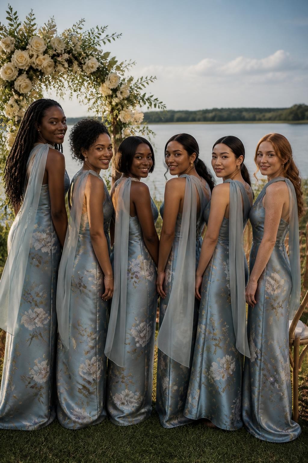 Realistic editorial wedding photograph of six bridesmaids wearing dusty blue satin dresses printed with cream roses, faded lavender blossoms, and muted green stems, matching chiffon scarves attached softly at one side of the neckline and flowing down the back, silhouettes including bias-cut columns and gentle A-line skirts, women with deep ebony, rich brown, reddish brown, South Asian olive, East Asian light beige, and fair freckled skin tones, naturally varied ages, heights, and body types, bright relaxed faces with individual features and realistic texture, hairstyles including long locs, natural curls, polished bob, braided bun, sleek ponytail, and loose waves, standing beside a lakeside ceremony with cream flowers, pale ribbons, wooden chairs, tall grass, and calm water, gentle breeze moving the scarves and skirts, soft golden-hour light and natural satin folds.