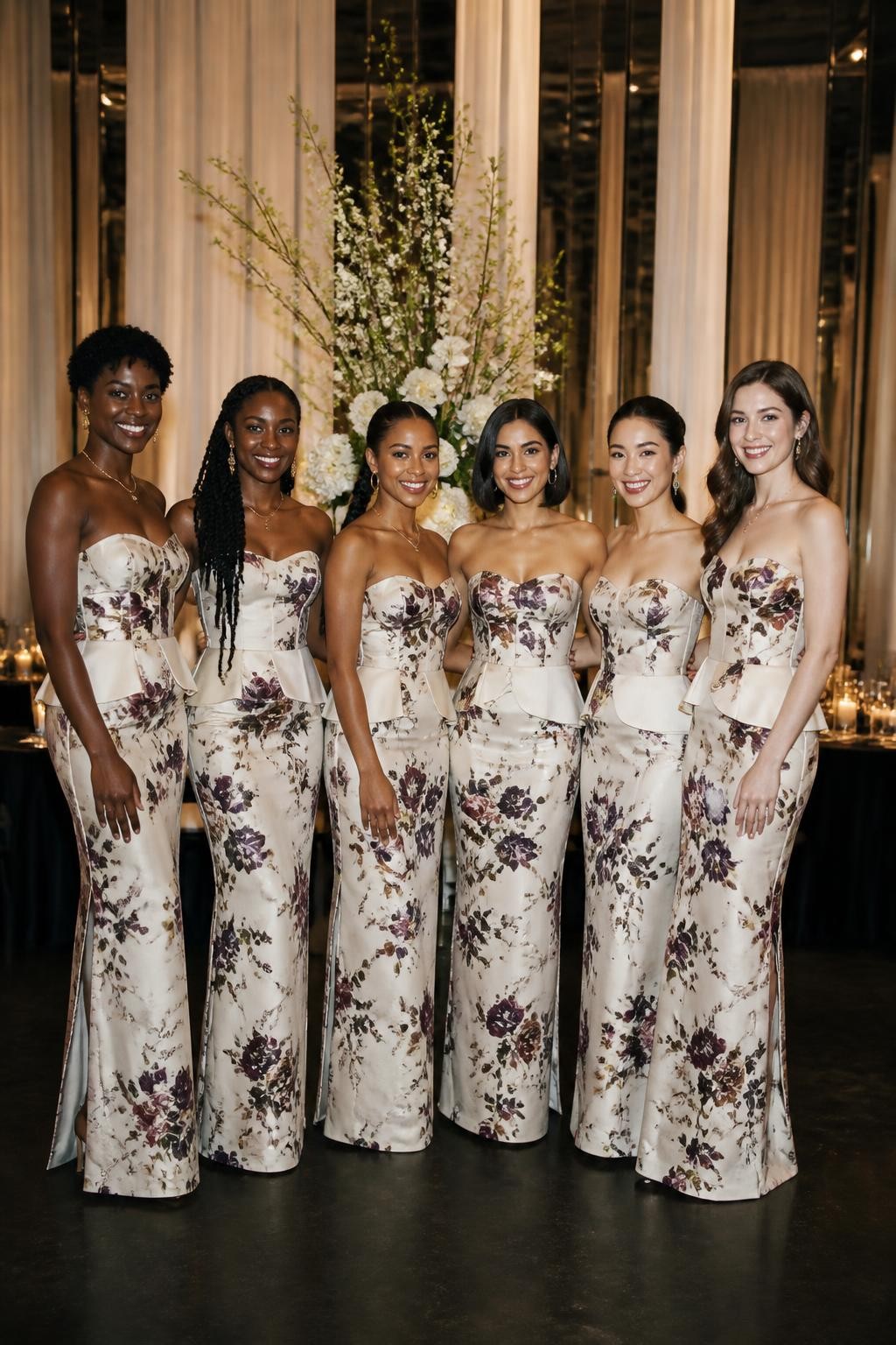 Realistic formal wedding portrait of six bridesmaids wearing ivory matte-crepe column dresses printed with dark plum, fig, olive, and muted blush flowers, long-line corset bodices with subtle exposed seaming, softly sculpted asymmetrical peplum panels at the waist, and slim floor-length skirts with back slits, women with deep ebony, cool dark brown, cinnamon, golden olive, East Asian beige, and porcelain complexions, different bust sizes, heights, and body shapes shown naturally, bright confident faces with realistic evening makeup, hairstyles including cropped coils, long twists, braided ponytail, sleek bob, polished chignon, and brushed waves, standing inside a modern black-tie ballroom with ivory curtains, sculptural flowers, mirrored walls, and candlelit tables, directional lighting showing print detail, visible seams, and natural fabric tension.