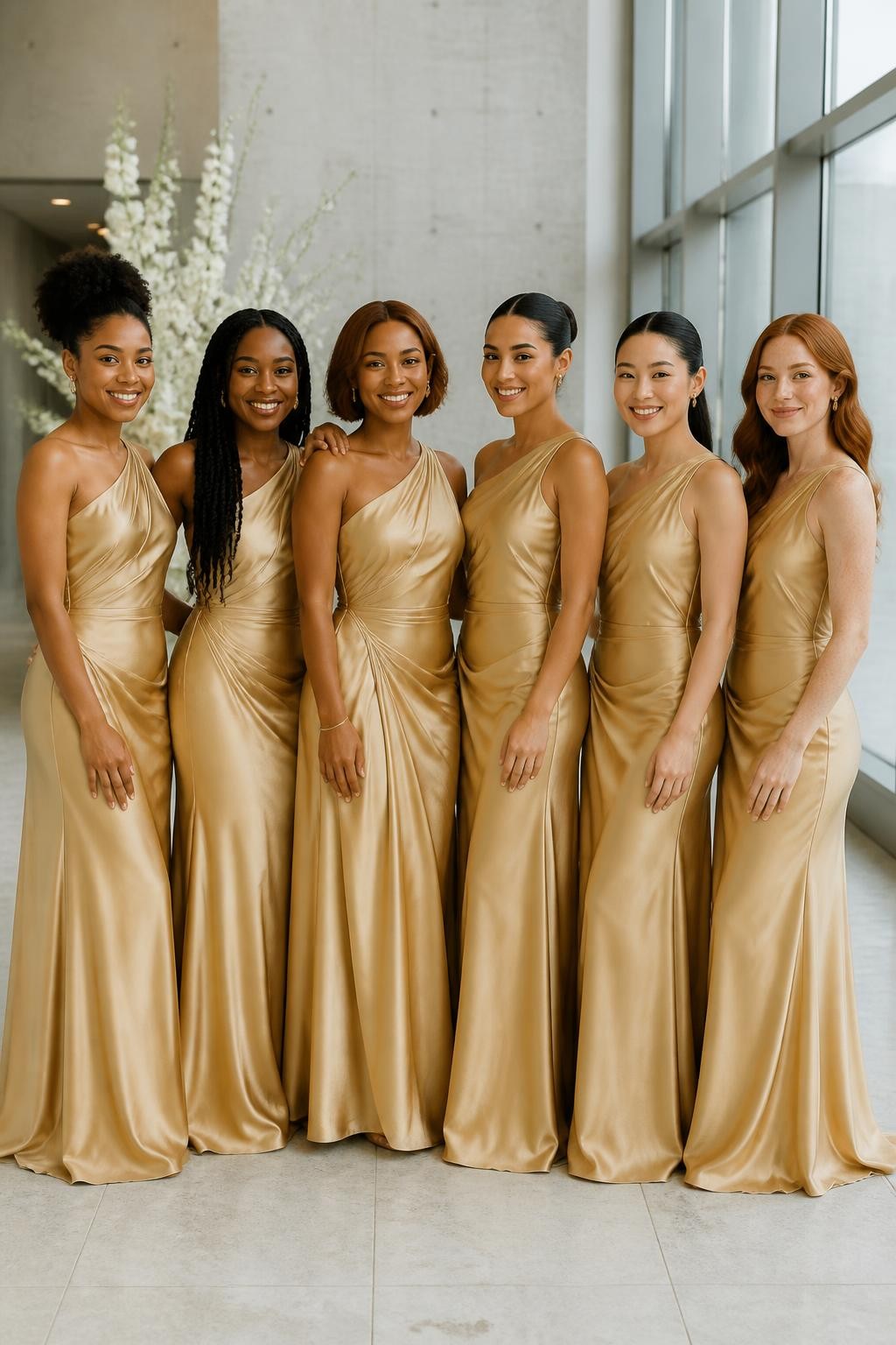 Realistic contemporary wedding photograph of six bridesmaids wearing brushed gold matte-satin gowns with asymmetrical necklines, diagonal draping across the torso, elongated dropped waists, and softly gathered skirts beginning around the upper hip, women with deep blue-black, dark warm brown, copper, golden olive, East Asian fair, and pale freckled complexions, different shoulder widths, torso lengths, and body shapes represented realistically, bright confident faces with natural expressions and subtle makeup, hairstyles including a high curly puff, long twists, polished side-part bob, sculptural bun, sleek ponytail, and soft waves, standing inside a modern art museum with pale concrete walls, limestone floors, tall windows, and minimal white floral installations, directional daylight revealing the brushed metallic finish without harsh glare, visible fabric grain, realistic creasing, and natural spacing.