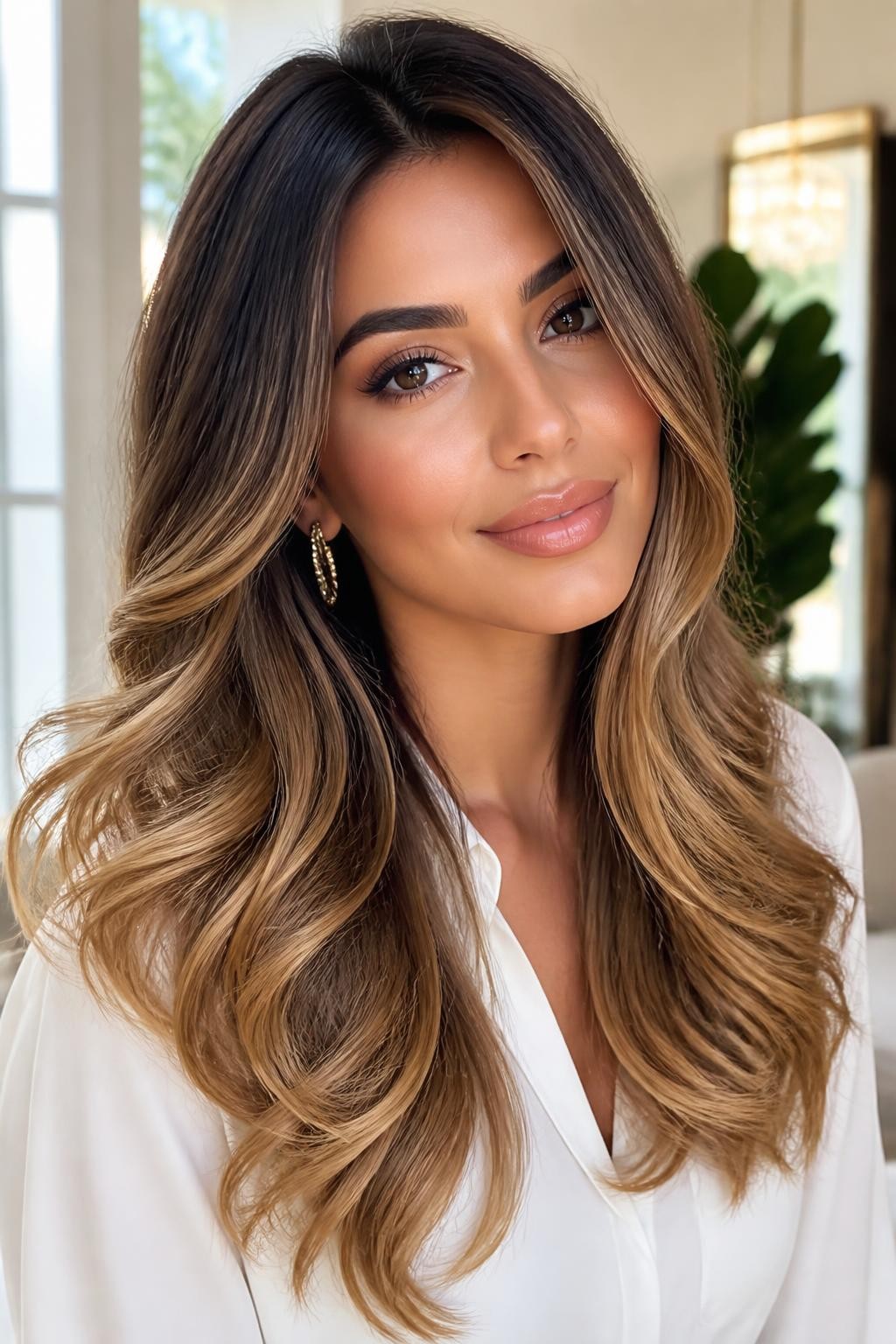 Image Prompt: A gorgeous brunette woman with long layered hair and honey blonde ombre, deep brown roots fading into warm honey blonde ends, soft feathered layers, loose blowout curls, warm medium skin tone, glowing makeup, glossy lips, gold earrings, white blouse, bright indoor setting with natural window light, realistic DSLR editorial beauty portrait, detailed golden hair shine and soft gradient, no text, (no watermarks on images)