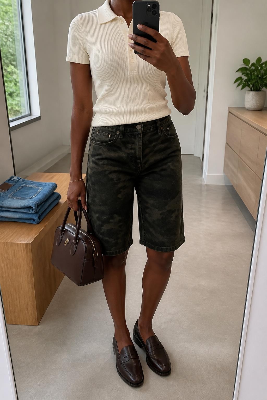 mirror selfie of a Black woman wearing dark green and black camouflage straight-cut denim jorts, a fitted cream short-sleeve fine-knit polo, dark brown leather loafers, a structured brown leather handbag and small gold stud earrings, wearing exactly the listed outfit without additional garments, holding a phone in front of a mirror, cropped at NECK so the face does not show, relaxed polished selfie pose, in a minimal dressing room, natural window light, folded denim jeans on a bench and a small plant on a dresser, realistic fabric textures, latest iPhone photo quality.