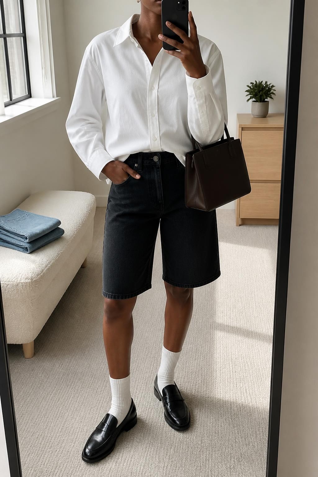 mirror selfie of a Black woman wearing black Bermuda denim jorts with a clean straight fit, a crisp oversized white cotton button-up shirt loosely tucked at the front, black leather penny loafers, white crew socks, a structured dark brown handbag and small gold stud earrings, wearing exactly the listed clothing and accessories with no additions, holding a phone in front of a mirror, cropped at NECK so the face does not show, relaxed polished selfie pose, in a minimal dressing room, natural window light, folded denim jeans on a bench and a small plant on a dresser, realistic latest iPhone photo quality.
