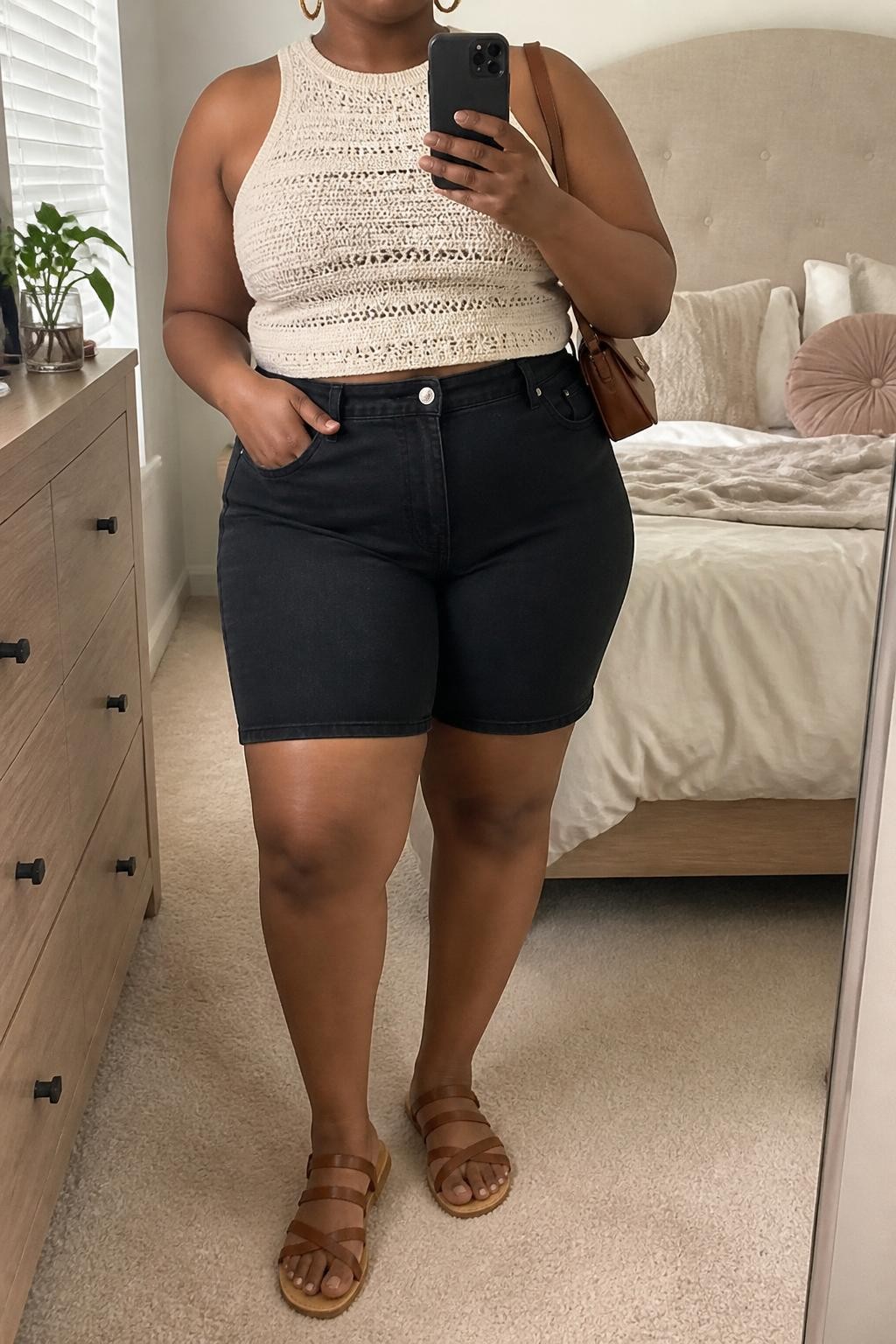 mirror selfie of a plus size Black woman wearing high-rise clean black denim jorts with a straight fit, a fitted sleeveless cream crochet top, brown leather sandals with flat straps, a brown mini shoulder bag and medium gold hoop earrings, wearing exactly the listed clothing and accessories without added garments, holding a phone in front of a mirror, cropped at NECK so the face does not show, relaxed casual selfie pose, in a feminine-themed bedroom, natural window light, soft pillows on an unmade bed and a small plant on a dresser, realistic warm-weather styling, latest iPhone photo quality.