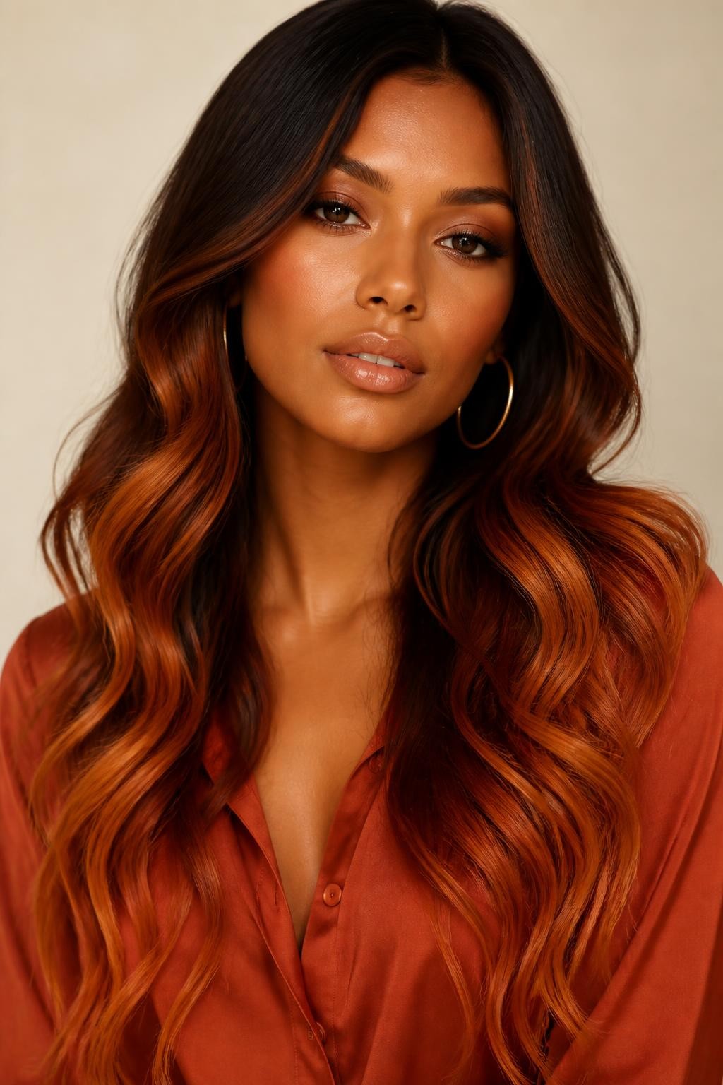 Image Prompt: A stunning brunette woman with long dark brown hair fading into copper ombre ends, rich brown roots, warm copper mid-lengths, bright copper tips, soft loose waves, medium-deep skin tone, bronzed makeup, glossy nude lips, gold hoop earrings, rust-colored blouse, warm studio lighting, clean neutral background, realistic DSLR editorial portrait, detailed copper shine and color transition, no text, (no watermarks on images)
