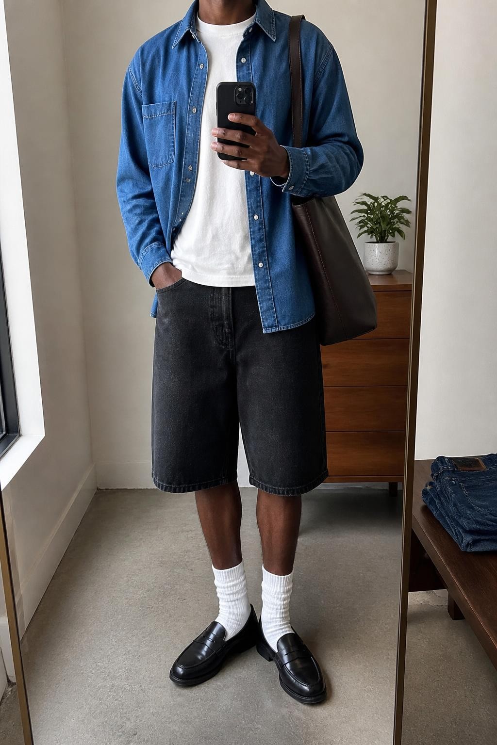 mirror selfie of a Black man wearing dark black straight-cut denim jorts, a medium blue denim work shirt worn open over a plain white heavyweight T-shirt, black leather loafers, white ribbed crew socks and a dark brown leather shoulder bag, wearing exactly the listed pieces with nothing additional, holding a phone in front of a mirror, cropped at NECK so the face does not show, relaxed casual pose, in a minimal dressing room, natural window light, folded denim jeans on a bench and a small plant on a dresser, natural realistic fabric textures, latest iPhone photo quality.