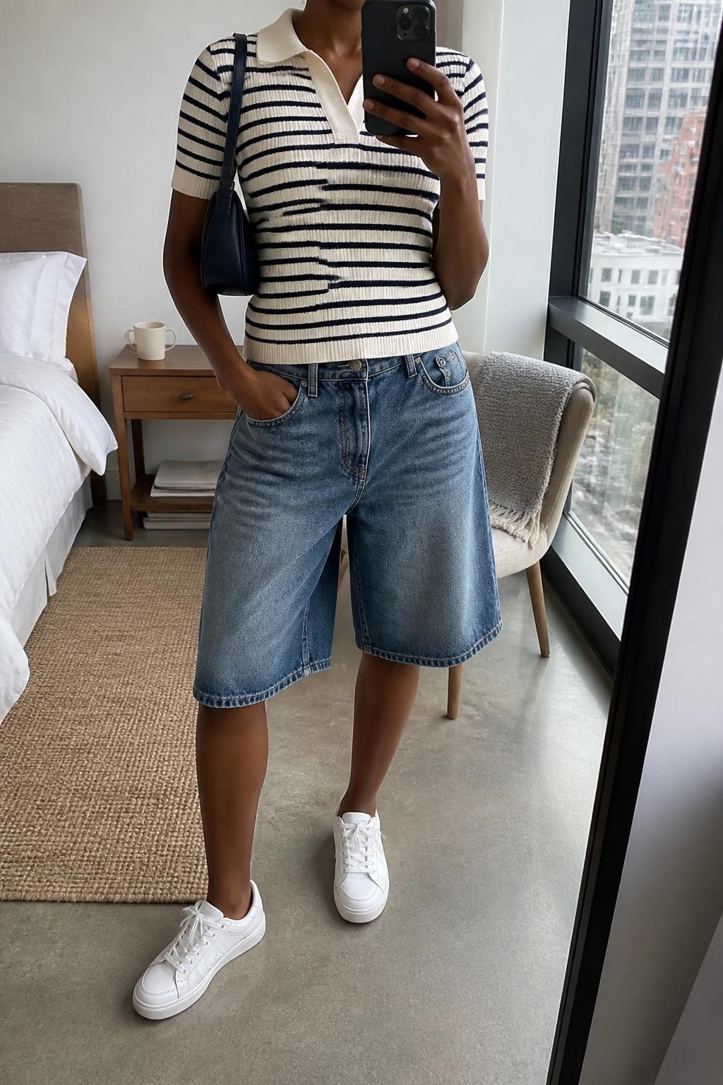 mirror selfie of a Black woman wearing vintage-wash blue denim baggy jorts with a relaxed knee-length fit, a fitted cream and navy striped short-sleeve knit polo, white leather sneakers, a navy mini shoulder bag and small silver stud earrings, wearing the exact listed outfit and no additional garments, holding a phone in front of a mirror, cropped at NECK so the face does not show, relaxed casual selfie pose, in a stylish city apartment, natural window light, coffee mug on a bedside table and a folded blanket on a chair, realistic everyday latest iPhone photo quality.