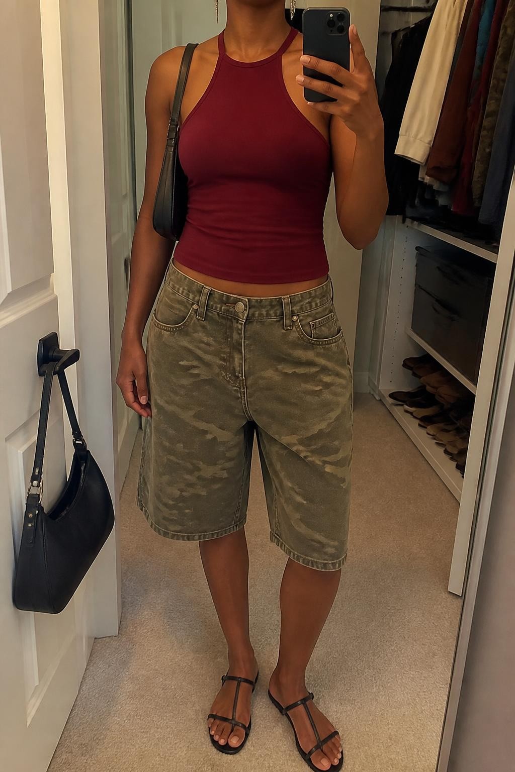 mirror selfie of a Black woman wearing faded olive and brown camouflage denim jorts with a relaxed knee-length fit, a fitted burgundy stretch halter top, black slim-strap flat sandals, a black leather shoulder bag and slim silver drop earrings, wearing exactly the listed clothing and accessories with nothing additional, holding a phone in front of a mirror, cropped at NECK so the face does not show, relaxed selfie pose, in a walk-in closet mirror, evening golden hour, open closet with clothes visible and a handbag hanging on a door handle, natural casual latest iPhone photo quality.