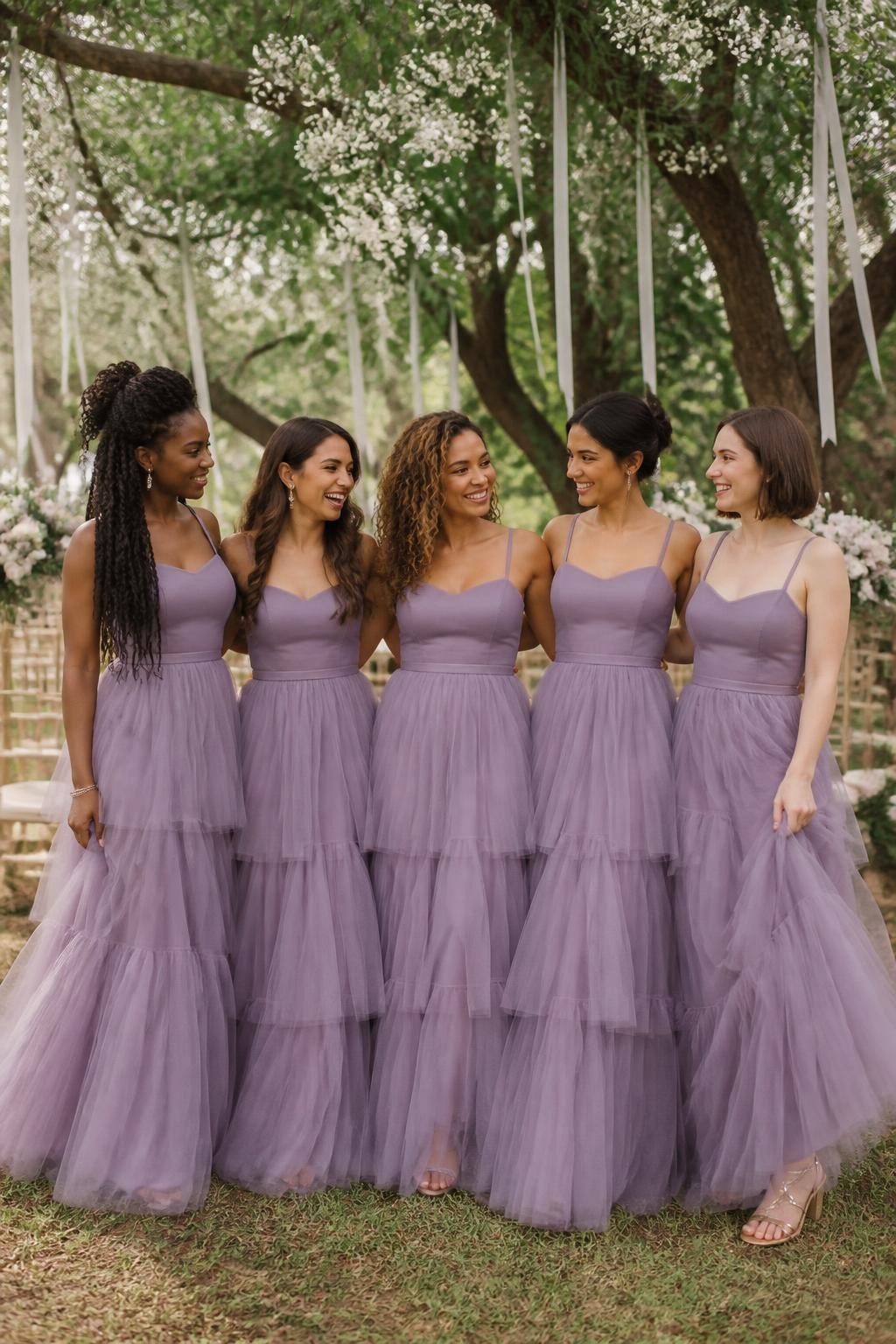 Realistic romantic garden wedding photograph of five bridesmaids wearing heather purple tulle gowns with clean fitted bodices, narrow straps, softly dropped waists, and airy tiered floor-length skirts, women with dark mahogany, rich brown, warm golden, olive, and fair complexions, bright beautiful faces with distinct features, realistic skin texture, hairstyles including natural curls, long twists, glossy waves, a soft bun, and a shoulder-length bob, standing beneath mature trees decorated with small white flowers and hanging ribbons, cream chairs and ivory floral arrangements behind them, diffused afternoon light passing through the layered tulle, natural movement and visible fabric edges, dreamy but believable DSLR wedding photography.