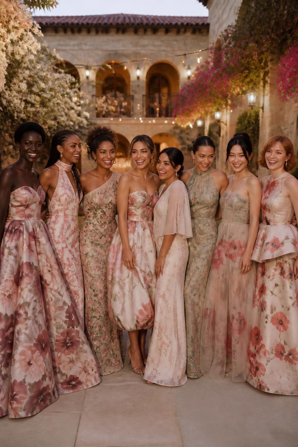 Realistic large bridal-party photograph of eight bridesmaids wearing intentionally different floral dresses linked by a shared palette of blush, burgundy, cream, sage, and muted peach, patterns including oversized peonies, delicate toile, embroidered wildflowers, scattered roses, tonal jacquard, watercolor blossoms, vine appliqué, and hand-painted poppies, silhouettes including basque-waist ball gown, scarf-neck slip, one-shoulder dress, bubble-hem midi, cape-sleeve gown, halter column, dropped-waist tulle dress, and structured peplum design, women with very deep, deep brown, reddish brown, golden, olive, tan, East Asian fair, and pale freckled skin tones, broad representation of ages, heights, and body shapes, bright beautiful faces and genuine laughter, hairstyles including coils, braids, locs, waves, sleek buns, short cuts, and softly styled hijab, standing in a lush estate courtyard with cream stone, flowering trees, and warm evening lights, each pattern clearly different but visually connected.