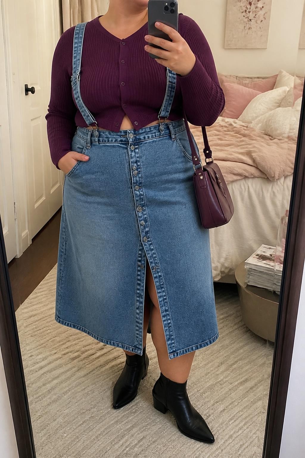 Mirror selfie of a plus size woman wearing medium-wash denim skirt overalls with an A-line midi hem, front buttons, adjustable straps, and a centre walking slit, layered over a fitted plum purple cropped cardigan buttoned at the front, black pointed ankle boots with low block heels, a structured plum shoulder bag, and silver stud earrings, clearly showing the exact clothing items, denim wash, skirt shape, plum knit, footwear, and accessories listed, holding a phone in front of a mirror, cropped at the neck so the face does not appear, relaxed feminine selfie pose, in a feminine-themed bedroom with soft indoor lighting, soft pillows on an unmade bed and a stack of fashion magazines on a side table, realistic transitional-season outfit, latest iPhone photo quality.