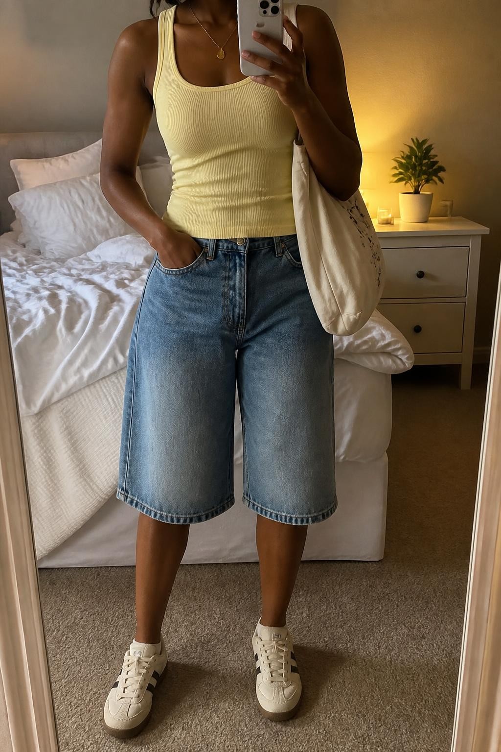 mirror selfie of a Black woman wearing long loose medium-wash blue denim baggy jorts, a fitted butter yellow ribbed tank top, cream retro sneakers, a natural canvas shoulder tote and a thin gold pendant necklace, wearing exactly the listed outfit with no additional clothing pieces, holding a phone in front of a mirror, cropped at NECK so the face does not show, relaxed casual selfie pose, in a feminine-themed bedroom, evening golden hour, soft pillows on an unmade bed and a small plant on a dresser, natural unstaged appearance, latest iPhone photo quality.