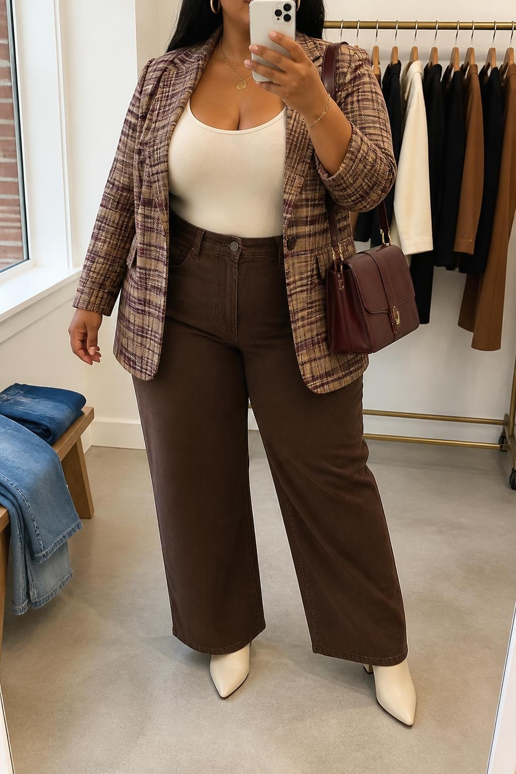 Mirror selfie of a plus size woman wearing a camel and burgundy plaid blazer worn open, a fitted cream scoop-neck bodysuit, chocolate brown high-waisted wide-leg jeans, cream pointed ankle boots, and a structured burgundy shoulder bag, clearly showing the exact clothing items, plaid blazer, cream bodysuit, brown denim, footwear, and accessories listed, holding a phone in front of a mirror, cropped at the neck so the face does not appear, relaxed polished selfie pose, in a minimal dressing room with natural window light, a clothing rack with garments behind her and folded denim jeans on a bench, realistic smart-casual Thanksgiving outfit, latest iPhone photo quality.