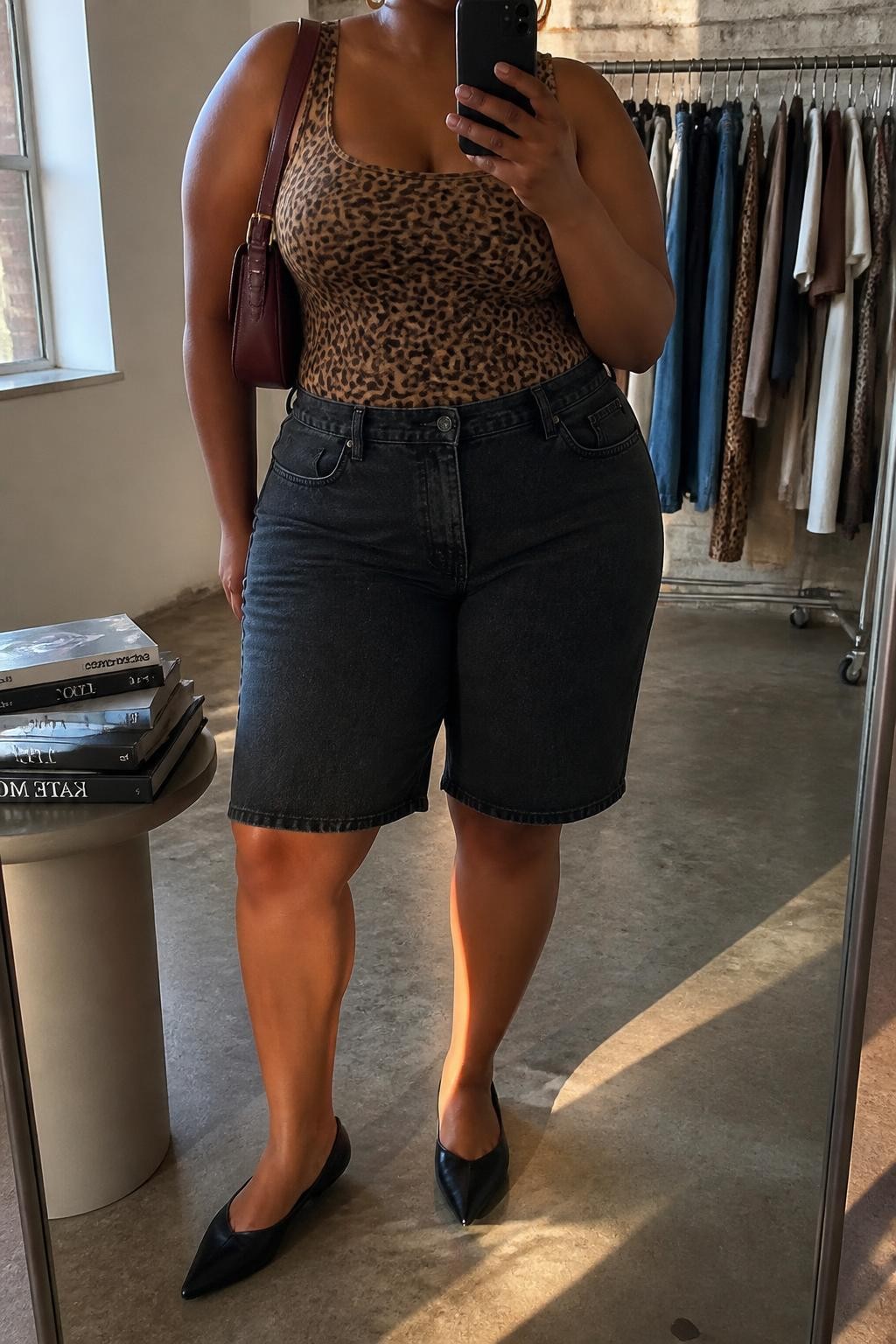 mirror selfie of a plus size Black woman wearing washed black relaxed denim jorts ending near the knee, a fitted leopard print tank in warm brown and black tones, pointed black leather flats, a burgundy shoulder bag and medium gold hoop earrings, wearing exactly the listed clothing and accessories without extra garments, holding a phone in front of a mirror, cropped at NECK so the face does not show, relaxed confident selfie pose, in a fashion studio mirror corner, evening golden hour, clothing rack with garments behind and a stack of fashion magazines on a side table, natural latest iPhone photo quality.