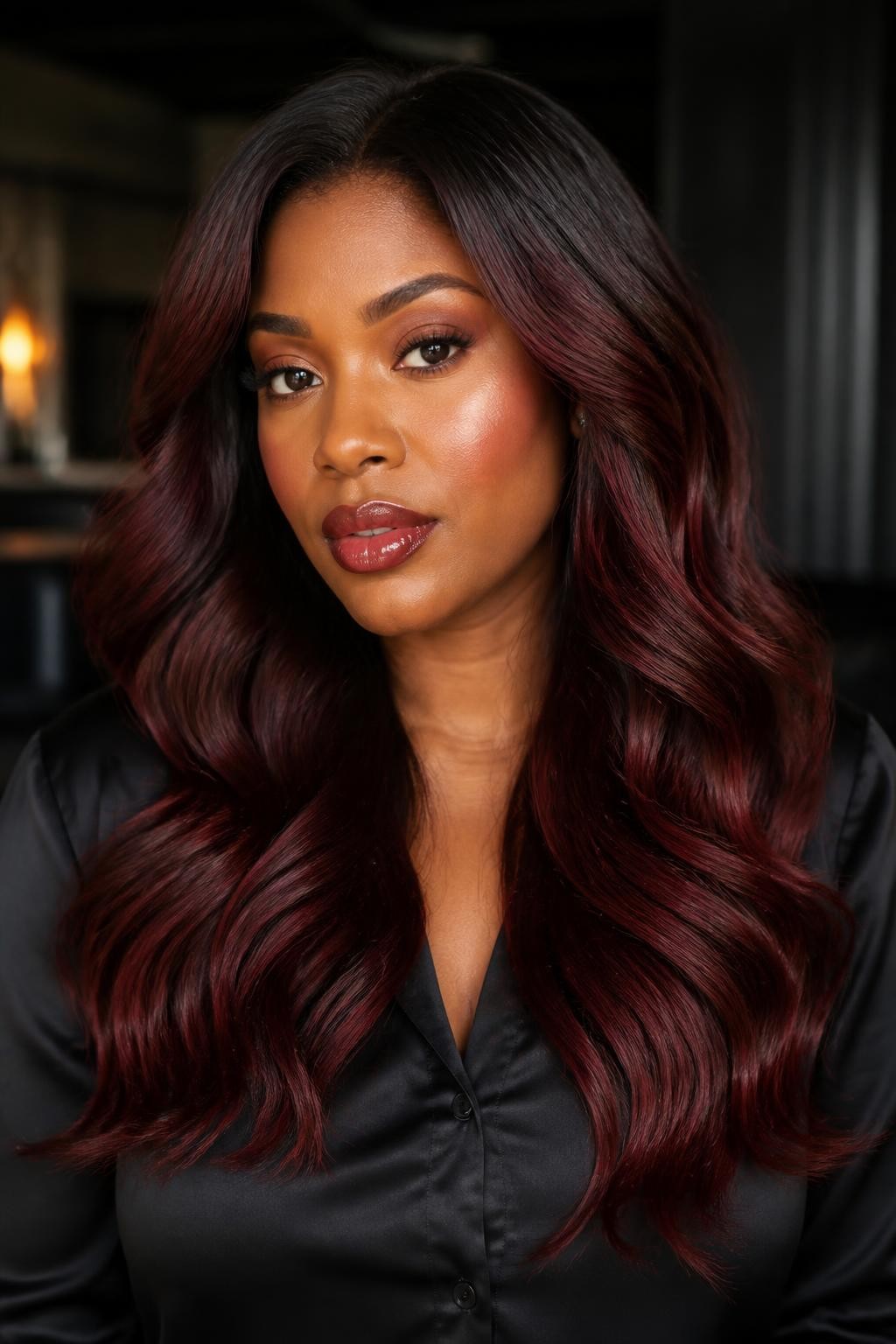 Image Prompt: A beautiful brunette woman with long cherry brown ombre hair, deep brown roots blending into rich cherry brown mid-lengths and soft red-brown ends, glossy loose waves, medium-deep skin tone, berry-toned lip gloss, soft warm makeup, black satin blouse, moody indoor studio background, warm soft lighting, realistic DSLR beauty portrait, detailed red-brown color shine, no text, (no watermarks on images)