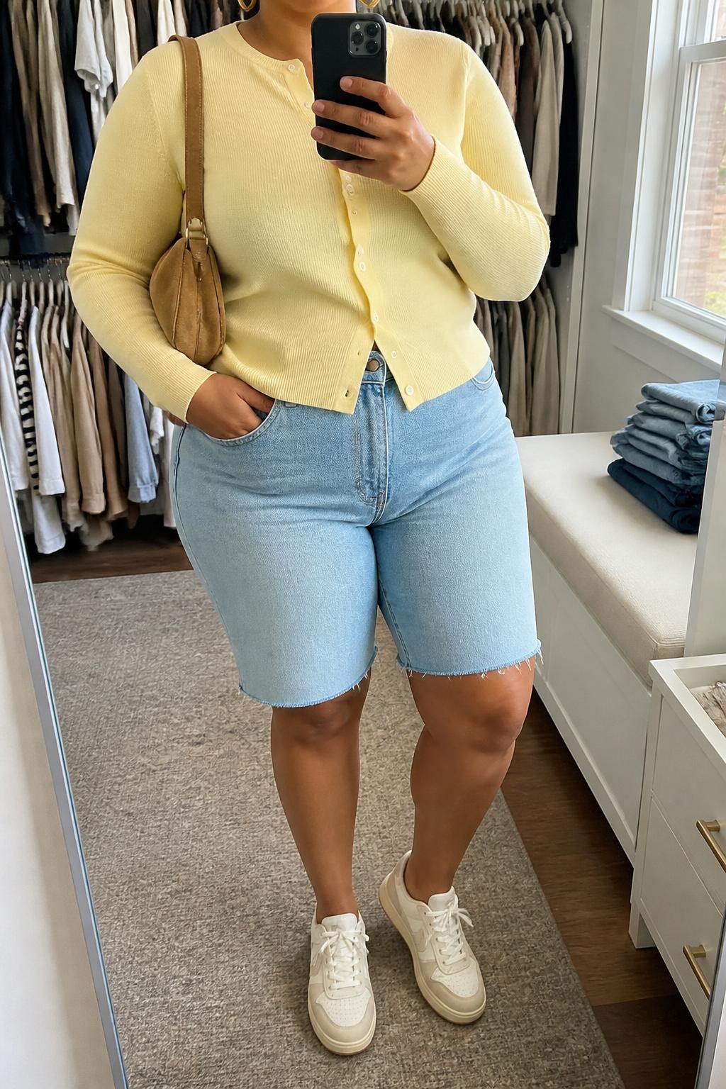 mirror selfie of a plus size woman with medium brown skin wearing light-wash straight-cut denim jorts, a fitted butter yellow fine-knit cardigan buttoned as a top, cream leather sneakers, a tan suede shoulder bag and small gold hoop earrings, wearing exactly the listed clothing and accessories with nothing additional, holding a phone in front of a mirror, cropped at NECK so the face does not show, relaxed casual selfie pose, in a walk-in closet mirror, natural window light, open closet with clothes visible and folded denim jeans on a bench, realistic casual styling, latest iPhone photo quality.