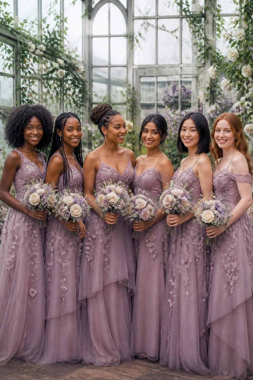 Realistic greenhouse wedding portrait of six bridesmaids wearing dusty mauve organza gowns with delicate three-dimensional floral appliqués scattered across fitted bodices and layered skirts, necklines varying between narrow straps, soft scoop, and off-shoulder shapes, women with deep mahogany, rich brown, medium golden, South Asian olive, East Asian fair, and pale freckled skin tones, bright joyful faces, realistic skin highlights and fresh makeup, hairstyles including natural curls, box braids, a twisted updo, polished bob, sleek bun, and loose waves, standing inside a glass botanical greenhouse filled with white roses, climbing greenery, pale lavender flowers, and diffused daylight, translucent organza layers catching light naturally, appliqué petals casting tiny realistic shadows, elegant photo-realistic DSLR wedding fashion.