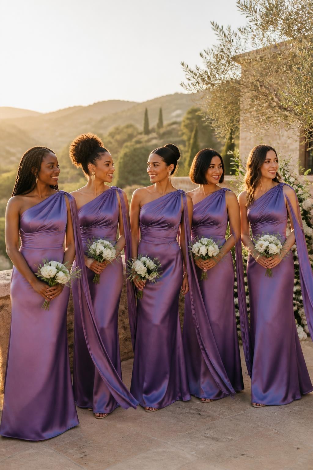 Realistic golden-hour wedding photograph of five bridesmaids wearing orchid purple satin one-shoulder gowns with softly pleated necklines and long narrow fabric sashes falling from the shoulder, women with rich dark, reddish brown, medium brown, golden olive, and fair peach skin tones, varied heights and body shapes, bright confident faces, realistic pores and soft glam makeup, hairstyles including long twists, a high curly puff, sleek bun, polished bob, and loose waves, standing along a villa terrace with pale stone walls, white flowers, olive trees, and distant hills, gentle wind moving the shoulder sashes and skirts, warm sunlight creating natural reflections and small fabric ripples, cinematic DSLR wedding photography.