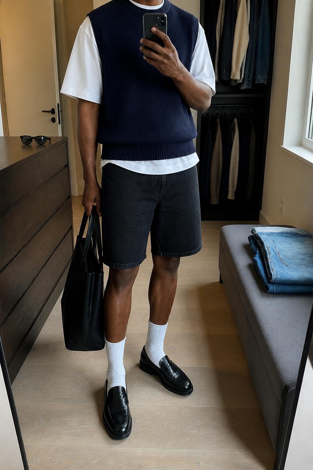 mirror selfie of a Black man wearing structured straight-cut black denim jorts, a navy fine-knit sleeveless sweater vest layered over a crisp oversized white cotton T-shirt, polished black leather loafers, white crew socks and a black leather tote bag, wearing exactly the listed outfit with no added garments or accessories, holding a phone in front of a mirror, cropped at NECK so the face does not show, relaxed casual selfie pose, in a walk-in closet mirror, natural window light, sunglasses placed on a dresser and folded denim jeans on a bench, believable polished streetwear, latest iPhone photo quality.