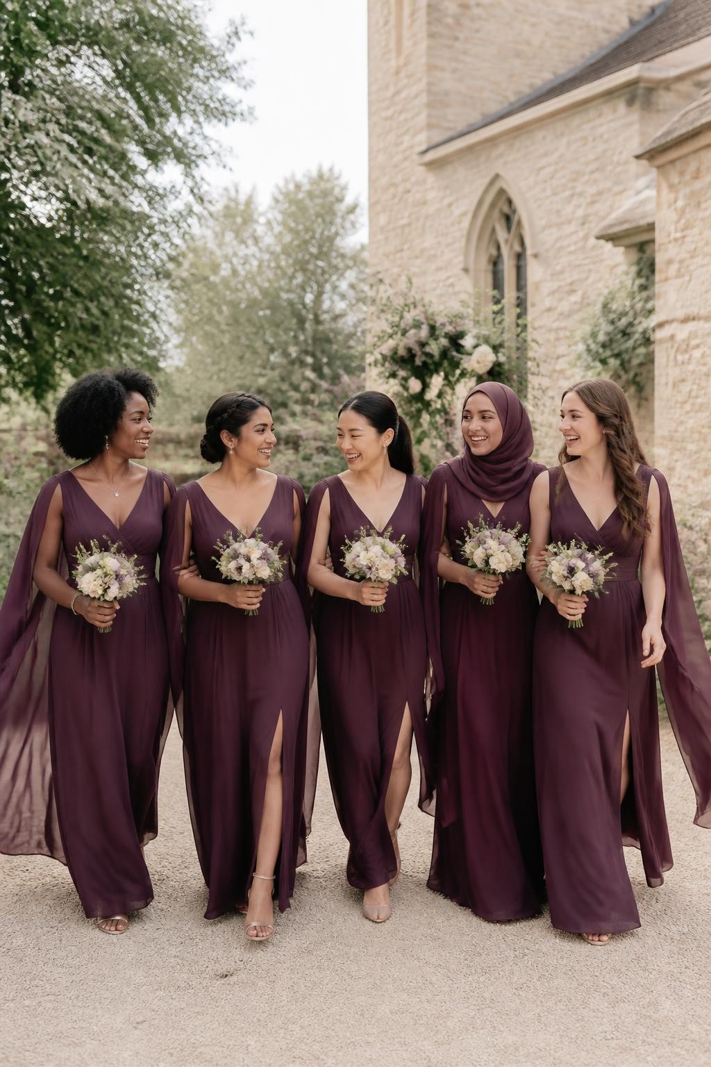 Realistic outdoor wedding photograph of five bridesmaids wearing plum chiffon gowns with clean V-neck bodices, softly gathered waists, and long split cape sleeves attached at the shoulders, women of West African, South Asian, East Asian, Middle Eastern, and European appearance with deep, golden brown, olive, tan, and fair complexions, bright expressive faces, realistic pores and subtle makeup, hairstyles including natural coils, a braided crown, smooth hijab styling, polished ponytail, and loose waves, walking beside a pale stone countryside chapel surrounded by mature trees, cream flowers, and muted purple blooms, light breeze lifting the chiffon capes naturally, visible transparency, gentle shadows, and believable proportions, documentary-style DSLR wedding photography.
