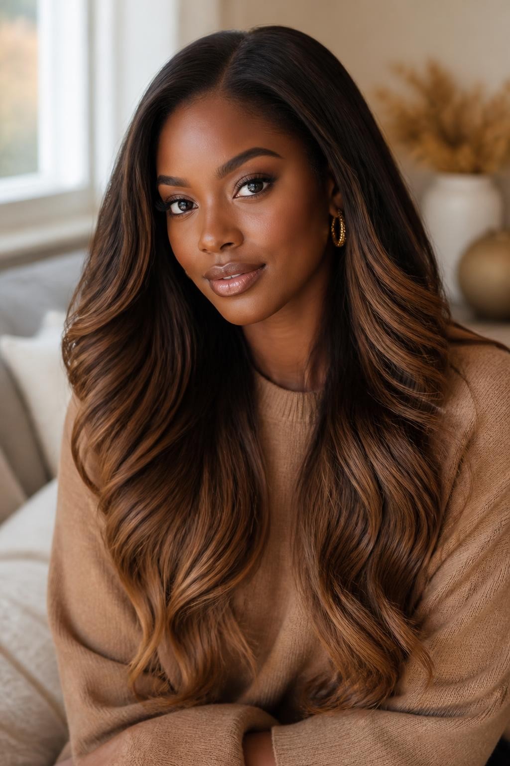 Image Prompt: A beautiful brunette woman with long espresso brown hair fading into caramel ombre ends, glossy dark espresso roots, warm caramel mid-lengths, soft caramel tips, smooth blowout waves, deep brown skin tone, natural glam makeup, glossy nude lips, gold earrings, camel sweater, cozy indoor background, soft window light, realistic DSLR editorial portrait, detailed glossy color transition, no text, (no watermarks on images)