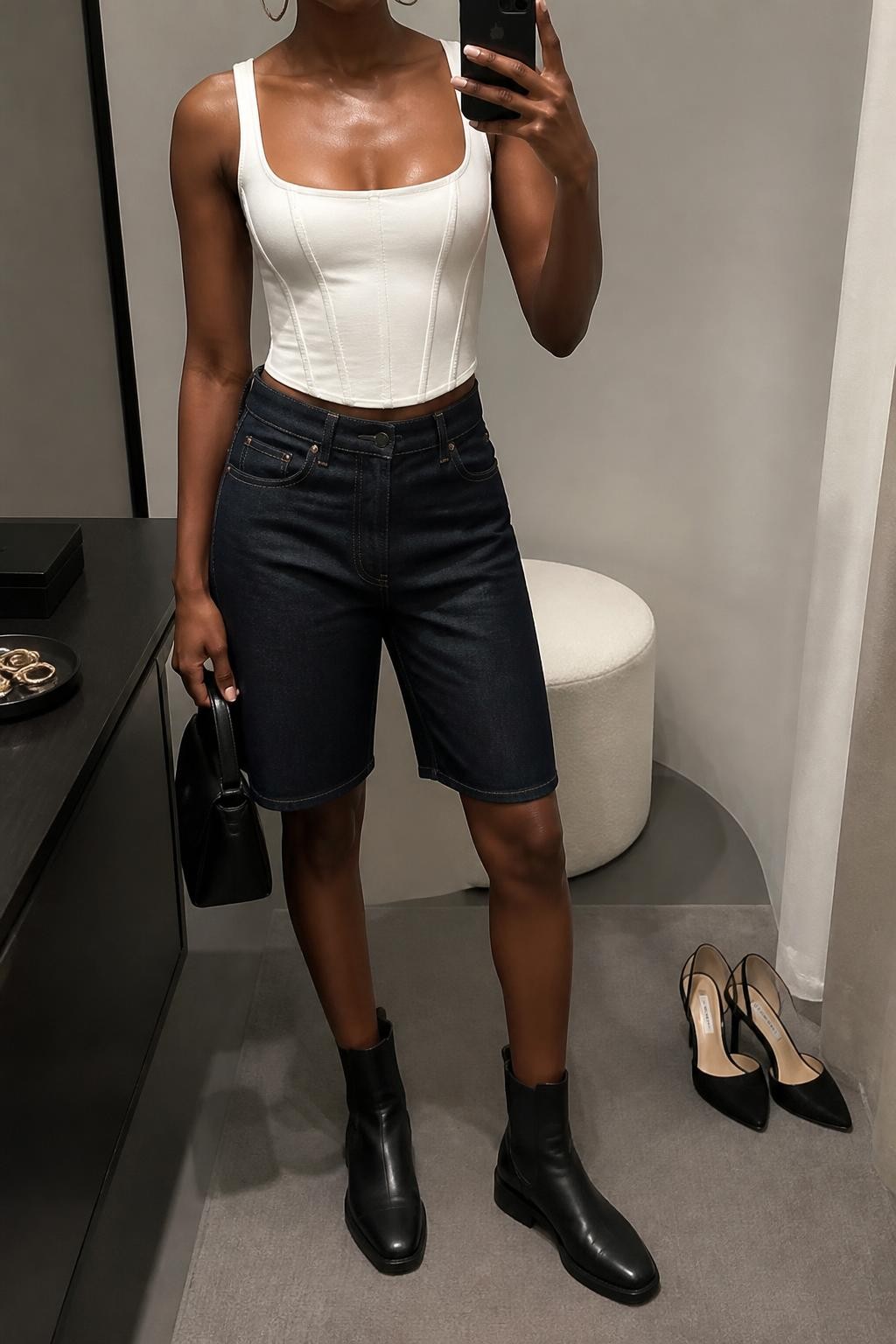 mirror selfie of a Black woman wearing dark indigo structured denim jorts, a fitted white cotton corset-inspired top with clean seam detailing, black leather Chelsea boots with a slim sole, a structured black mini handbag and medium silver hoop earrings, wearing exactly the listed outfit with no extra garments, holding a phone in front of a mirror, cropped at NECK so the face does not show, relaxed selfie pose, in a minimal dressing room, soft indoor lighting, jewelry tray on the vanity and a pair of heels on the floor nearby, realistic polished casual styling, latest iPhone photo quality.