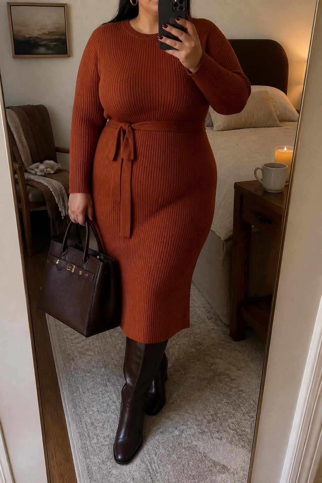 Mirror selfie of a plus size woman wearing a rust orange ribbed sweater midi dress with long sleeves, a softly fitted waist, and a matching knit belt, chocolate brown leather knee-high boots with low block heels, a structured chocolate brown handbag, and small gold hoop earrings, clearly showing the exact clothing items, rust ribbed knit, matching belt, brown footwear, and accessories listed, holding a phone in front of a mirror, cropped at the neck so the face does not show, relaxed confident selfie pose, in a cozy bedroom mirror setup with warm moody lighting, a folded blanket on a chair and a coffee mug on a bedside table, natural unstaged Thanksgiving appearance, latest iPhone photo quality.