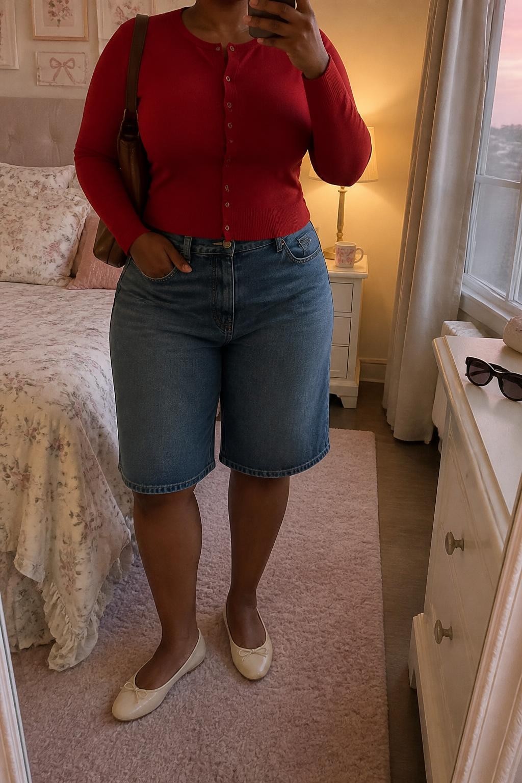mirror selfie of a plus size Black woman wearing long blue denim jorts with a straight knee-covering fit, a fitted cherry red fine-knit cardigan buttoned as a top, cream ballet flats, a dark brown leather shoulder bag and small gold hoop earrings, wearing exactly the listed outfit with no additional garments or accessories, holding a phone in front of a mirror, cropped at NECK so the face does not show, relaxed casual selfie pose, in a feminine-themed bedroom, evening golden hour, sunglasses placed on a dresser and a coffee mug on a bedside table, natural casual latest iPhone photo quality.