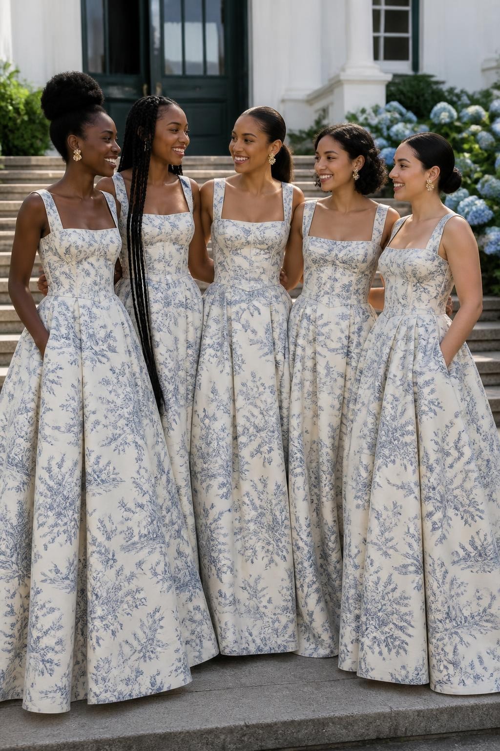 Realistic fashion-forward wedding portrait of five bridesmaids wearing cream silk-faille gowns covered in fine cornflower blue botanical toile illustrations, showing delicate vines, roses, birds, and small garden scenes, structured square-neck corset bodices, curved basque waists, and full floor-length skirts with discreet pockets, women with very deep brown, cool dark brown, cinnamon, golden tan, and pale neutral skin tones, different torso lengths and body proportions shown naturally, bright joyful faces with individual features and visible skin texture, hairstyles including a sculpted natural updo, waist-length braids, polished ponytail, short curly bob, and smooth chignon, photographed on wide stone steps outside a white country manor with blue hydrangeas and dark green doors, clear morning light revealing the printed details, realistic seams and deep skirt folds.