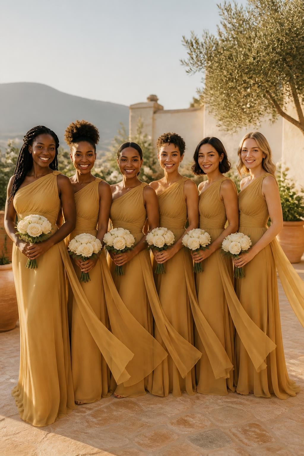 Realistic golden-hour wedding photograph of six bridesmaids wearing matte honey gold one-shoulder gowns with softly pleated bodices, defined waists, and long narrow chiffon sashes flowing from the shoulder, women with very deep brown, warm mahogany, cinnamon, golden tan, olive, and fair peach complexions, varied heights, ages, and body shapes, bright confident faces with realistic pores and fresh makeup, hairstyles including long twists, a rounded afro puff, sleek bun, short natural curls, polished bob, and loose waves, standing on a Mediterranean-style terrace with cream stucco walls, olive trees, white roses, terracotta pots, and distant hills, gentle breeze moving the sashes and skirts, warm sunlight creating realistic depth without turning the dresses orange.