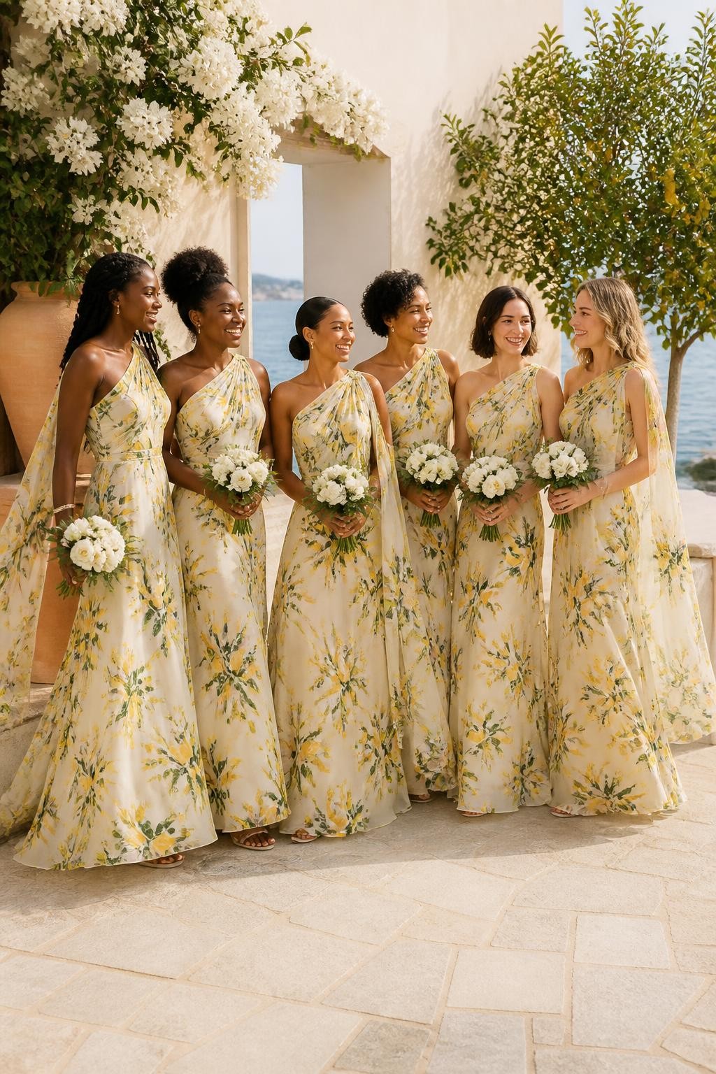 Realistic destination wedding photograph of six bridesmaids wearing flowing one-shoulder chiffon gowns printed with lemon branches, orange blossoms, small white flowers, and glossy green leaves over pale cream and soft yellow backgrounds, long narrow draped panels flowing from one shoulder, women with deep cool brown, warm mahogany, cinnamon, golden tan, olive, and fair peach complexions, varied heights, ages, and body shapes, bright smiling faces with realistic texture, hairstyles including long twists, rounded afro puff, sleek bun, short natural curls, polished bob, and loose waves, standing on a Mediterranean-style terrace with cream stucco walls, citrus trees, terracotta pots, white roses, and distant blue water, natural sea breeze moving the shoulder panels and skirts, warm sunlight with believable shadows and accurate skin tones.