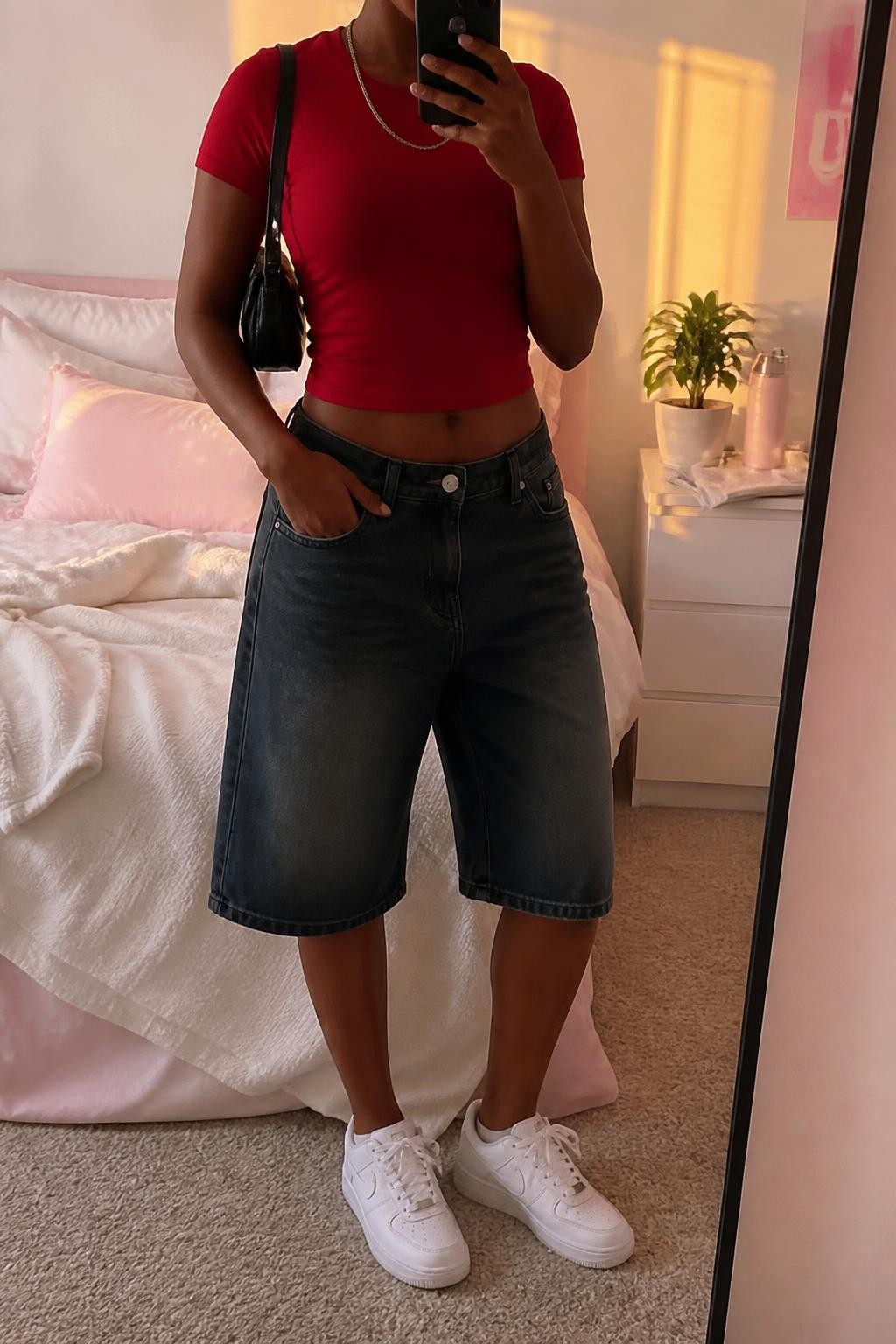 mirror selfie of a Black woman wearing washed black long denim jorts with a relaxed knee-covering cut, a fitted cherry red cotton baby tee, white retro sneakers, a small black nylon shoulder bag and a simple silver chain necklace, wearing the exact clothing and accessories listed with no added garments, holding a phone in front of a mirror, cropped at NECK so the face does not show, relaxed casual selfie pose, in a feminine-themed bedroom, evening golden hour, soft pillows on an unmade bed and a small plant on a dresser, believable everyday styling, latest iPhone photo quality.