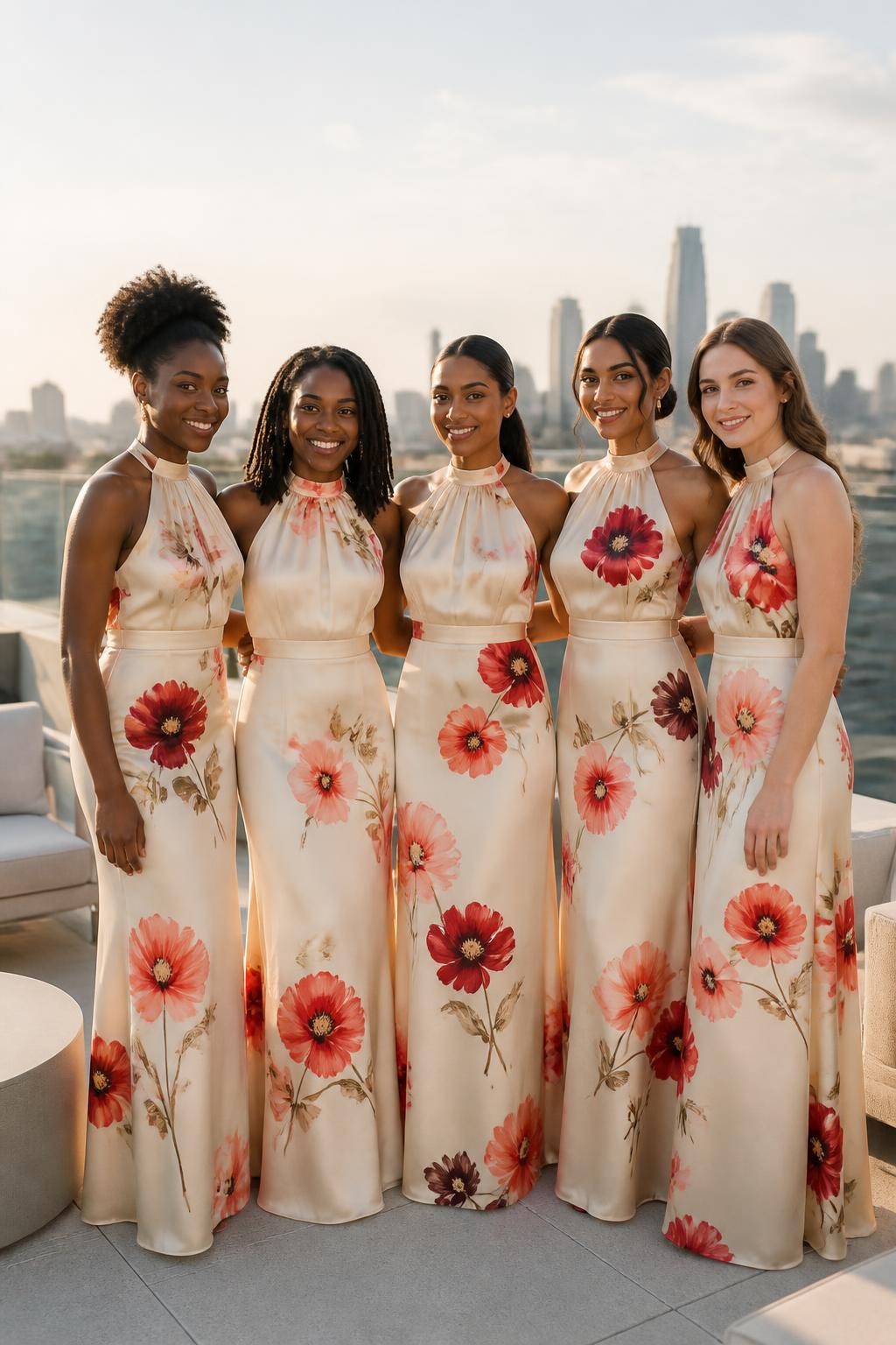 Realistic modern wedding photograph of five bridesmaids wearing cream crepe halter gowns with large hand-painted poppies in scarlet, coral, blush, and burgundy placed with plenty of open space across the bodice and skirt, high gathered necklines, defined waists, and slim A-line hems, women with deep neutral brown, warm copper, medium brown, golden olive, and fair complexions, different shoulder widths and body types, bright expressive faces with individual features and natural makeup, hairstyles including a high curly puff, shoulder-length locs, sleek ponytail, low bun, and loose waves, standing on a contemporary rooftop terrace with pale concrete, cream furniture, glass railings, and a softly blurred skyline, late-afternoon light showing brushstroke texture and natural dress creases, polished but believable DSLR photography.