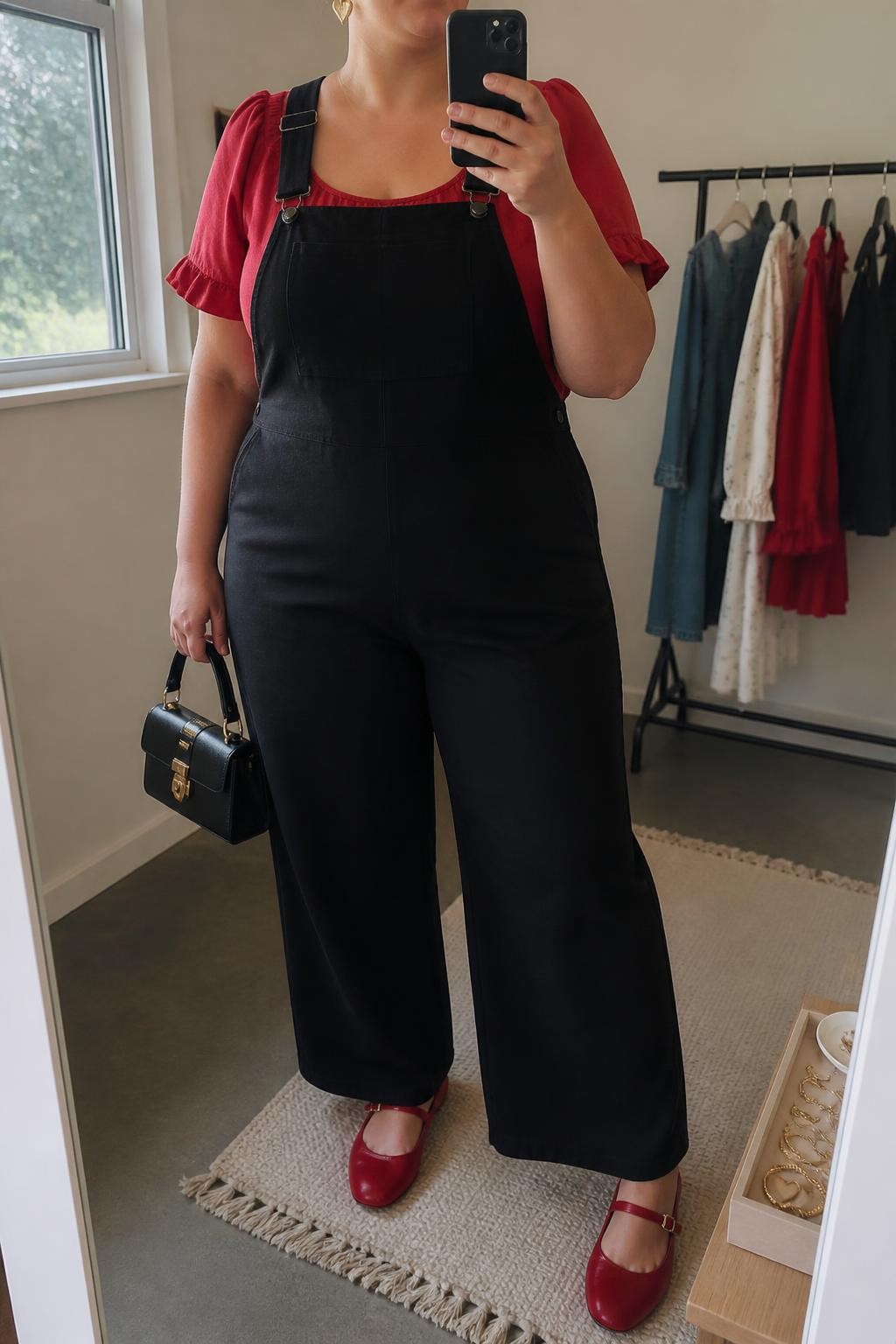 Mirror selfie of a plus size woman wearing black linen-blend overalls with wide legs, adjustable straps, and a clean square bib, layered over a red blouse with short ruffled sleeves and a modest scoop neckline, red flat Mary Jane shoes, a structured black mini handbag, and gold heart-shaped earrings, clearly showing the exact clothing items, black linen, red blouse, ruffle details, footwear, and accessories listed, holding a phone in front of a mirror, cropped at the neck so her face does not show, relaxed playful selfie stance, in a minimal dressing room with natural window light, a clothing rack with garments behind her and a jewelry tray on the vanity, realistic casual date outfit, latest iPhone photo quality.