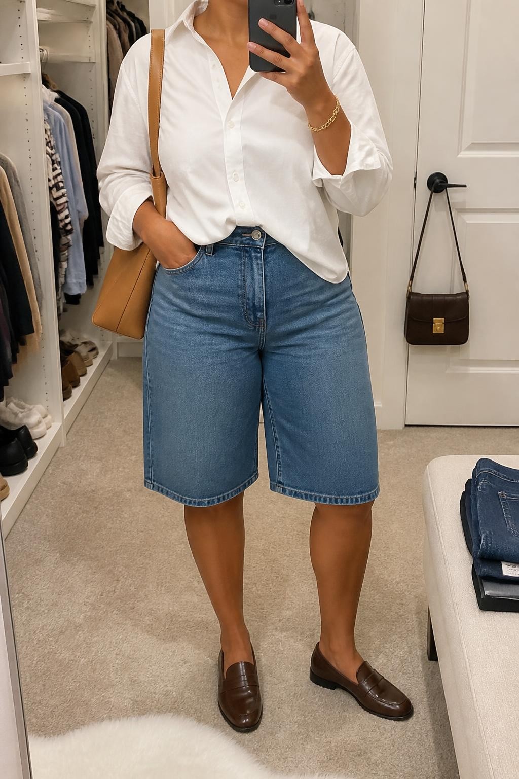 mirror selfie of a plus size woman with medium brown skin wearing wide-leg medium-blue denim jorts with a high-rise waist, a crisp white cotton button-up shirt loosely tucked at the front, dark brown leather loafers, a tan structured shoulder bag and a simple gold bracelet, wearing exactly the listed clothing and accessories with nothing additional, holding a phone in front of a mirror, cropped at NECK so the face does not show, relaxed polished selfie pose, in a walk-in closet mirror, soft indoor lighting, folded denim jeans on a bench and a handbag hanging on a door handle, realistic latest iPhone photo quality.