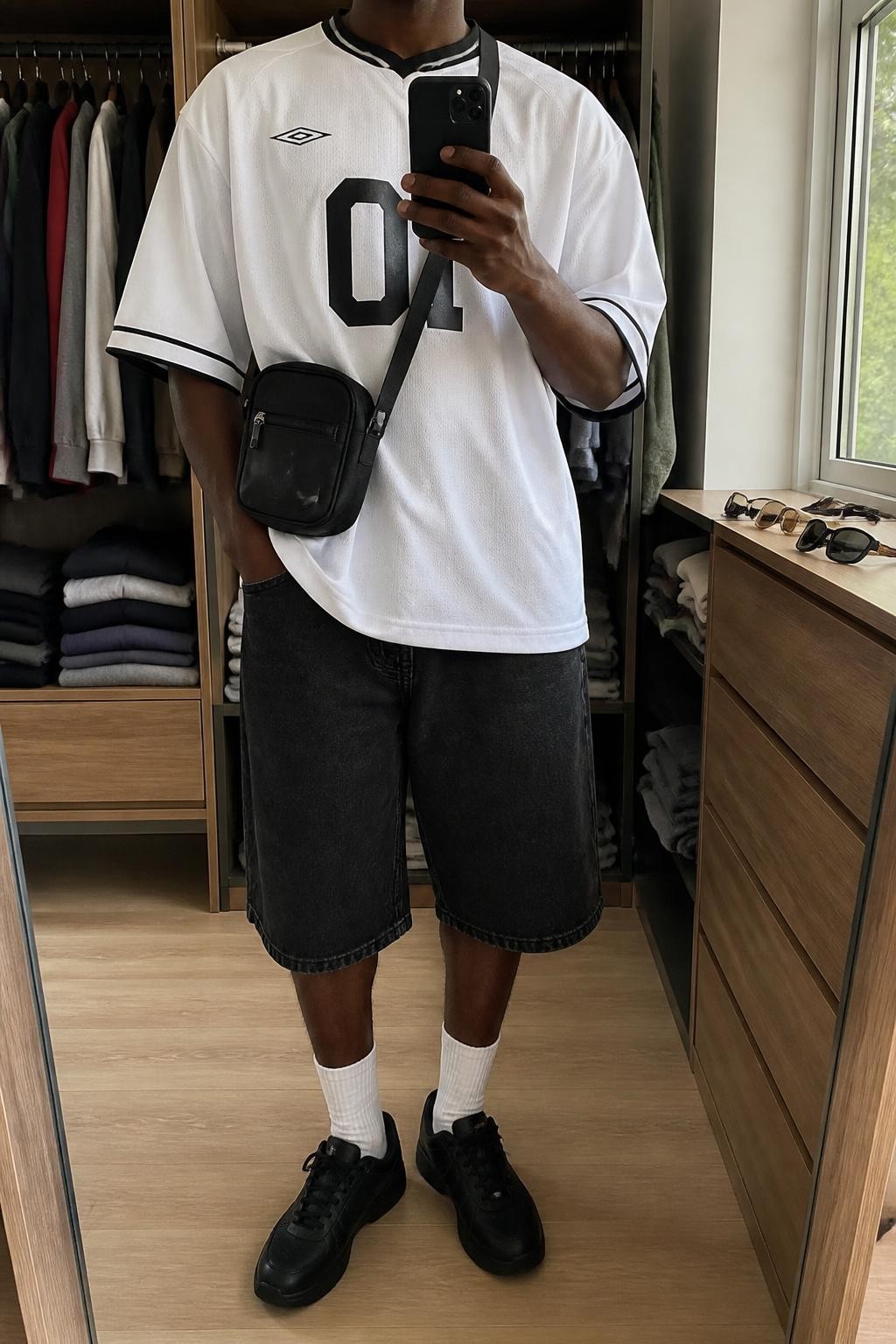 mirror selfie of a Black man wearing loose knee-length black denim jorts, an oversized white soccer jersey with narrow black trim and simple black number detailing, black leather sneakers, white crew socks and a compact black crossbody bag, wearing exactly the listed outfit without extra clothing or accessories, holding a phone in front of a mirror, cropped at NECK so the face does not show, casual relaxed selfie pose, in a walk-in closet mirror, natural window light, open closet with clothes visible and sunglasses placed on a dresser, realistic latest iPhone photo quality.