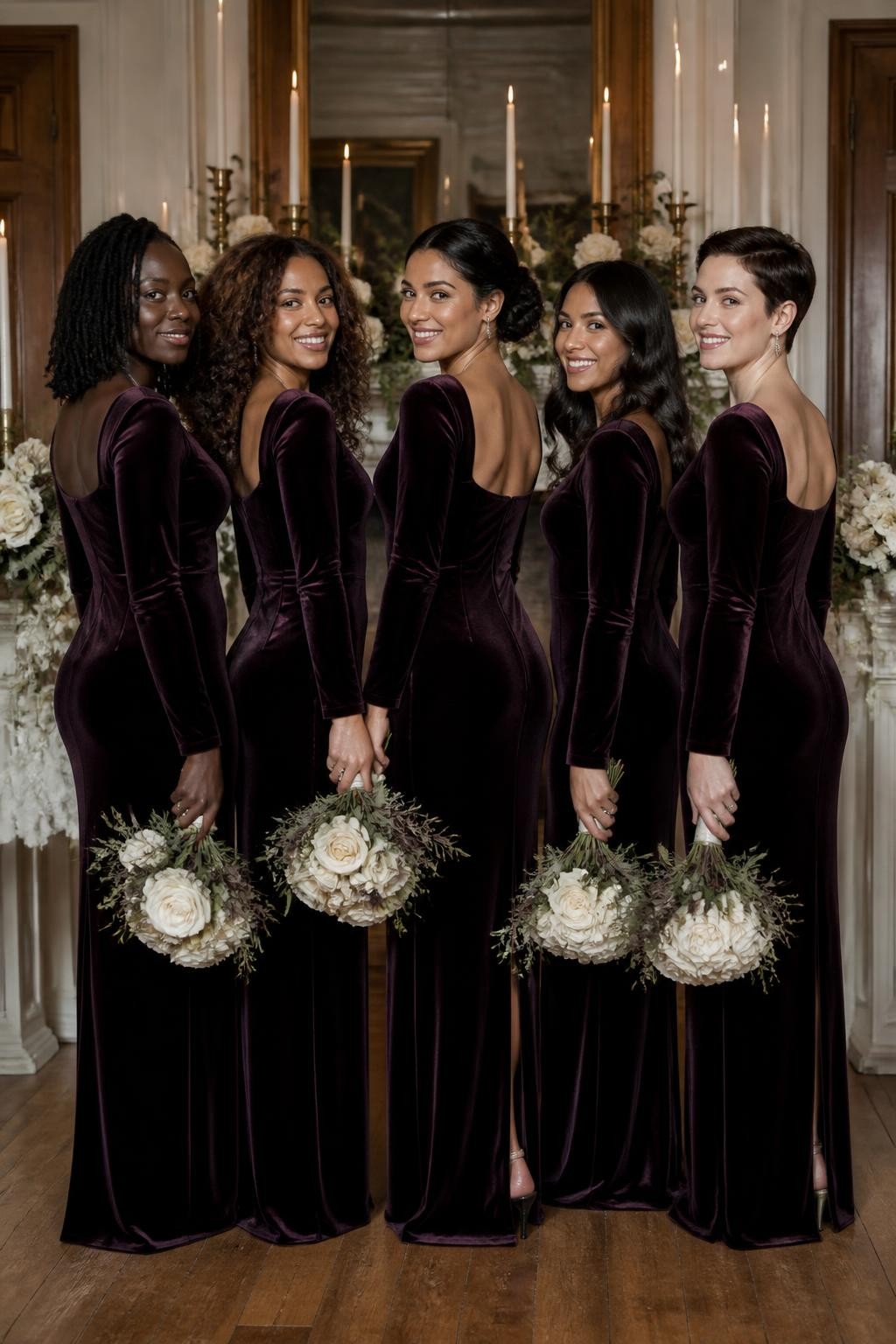Realistic winter wedding portrait of five bridesmaids wearing deep aubergine velvet column gowns with wide square necklines, fitted waists, long sleeves, and subtle back slits, women with very deep brown, warm mahogany, medium golden, olive, and pale rosy skin tones, bright elegant faces with realistic skin texture and softly defined makeup, hairstyles including shoulder-length locs, sculpted curls, a braided low bun, glossy waves, and a short pixie cut, standing inside a historic reception hall decorated with taper candles, ivory roses, antique brass details, and dark greenery, soft side lighting revealing the velvet pile and natural tonal changes, believable creases around the elbows and waist, refined DSLR editorial photography.