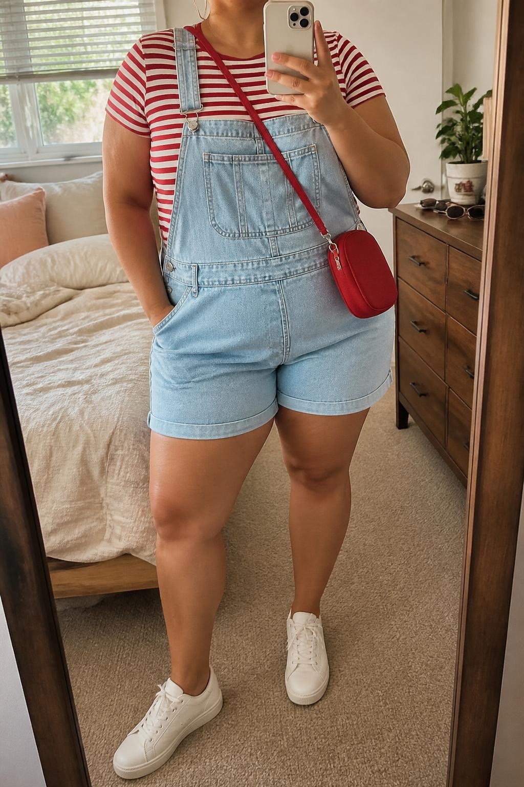 Mirror selfie of a plus size woman wearing light-wash denim short overalls with a relaxed mid-thigh length and adjustable straps, layered over a fitted red and white striped cotton T-shirt, white leather sneakers, a small red canvas crossbody bag, and delicate silver hoop earrings, clearly showing the exact clothing items, light denim, stripe pattern, colors, footwear, and accessories listed, holding a phone in front of a mirror, cropped at the neck so her face does not appear, relaxed playful selfie stance, in a cozy bedroom mirror setup with natural window light, soft pillows on an unmade bed and sunglasses placed on a dresser, realistic summer outfit, latest iPhone photo quality.