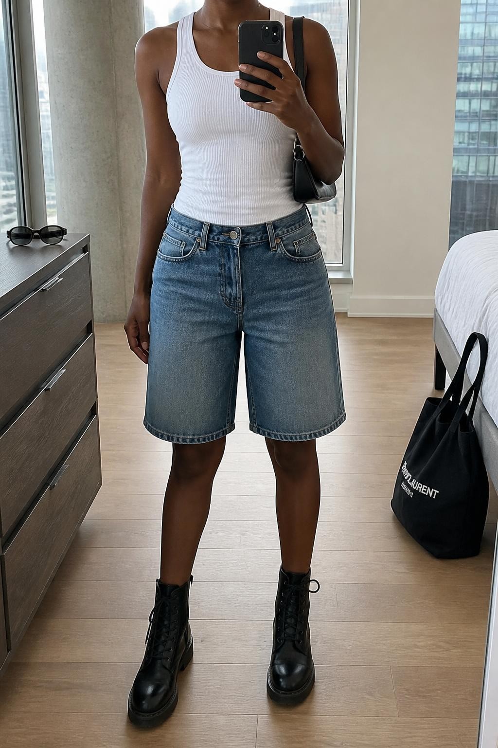 mirror selfie of a Black woman wearing faded medium-wash blue denim jorts with a relaxed knee-length fit, a fitted white ribbed cotton tank top, black lace-up leather combat boots, a compact black leather shoulder bag and medium silver hoop earrings, wearing exactly the listed clothing and accessories with no extra garments, holding a phone in front of a mirror, cropped at NECK so the face does not show, relaxed casual selfie pose, in a stylish city apartment, natural window light, sunglasses placed on a dresser and a tote bag resting on the floor, realistic denim creasing and natural proportions, latest iPhone photo quality.