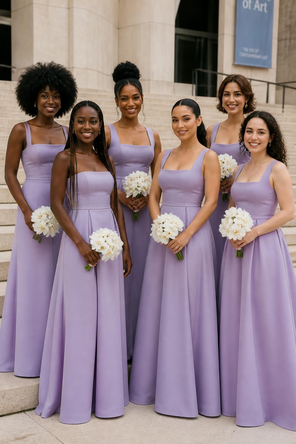 Realistic fashion-forward wedding portrait of six bridesmaids wearing lilac matte crepe gowns with softly structured corset bodices, square necklines, curved basque waists, and full floor-length skirts with discreet pockets, women with deep ebony, cool dark brown, cinnamon, golden tan, light olive, and porcelain skin tones, different bust sizes, heights, and body proportions represented naturally, bright joyful faces with individual features, realistic makeup and small flyaway hairs, hairstyles including a voluminous afro, waist-length braids, sculptural bun, sleek ponytail, layered bob, and loose curls, photographed on broad limestone steps outside a modern museum wedding venue, holding compact ivory orchid bouquets, crisp morning light revealing seams, natural fabric weight, and believable creasing around the waist, high-detail DSLR fashion photography.