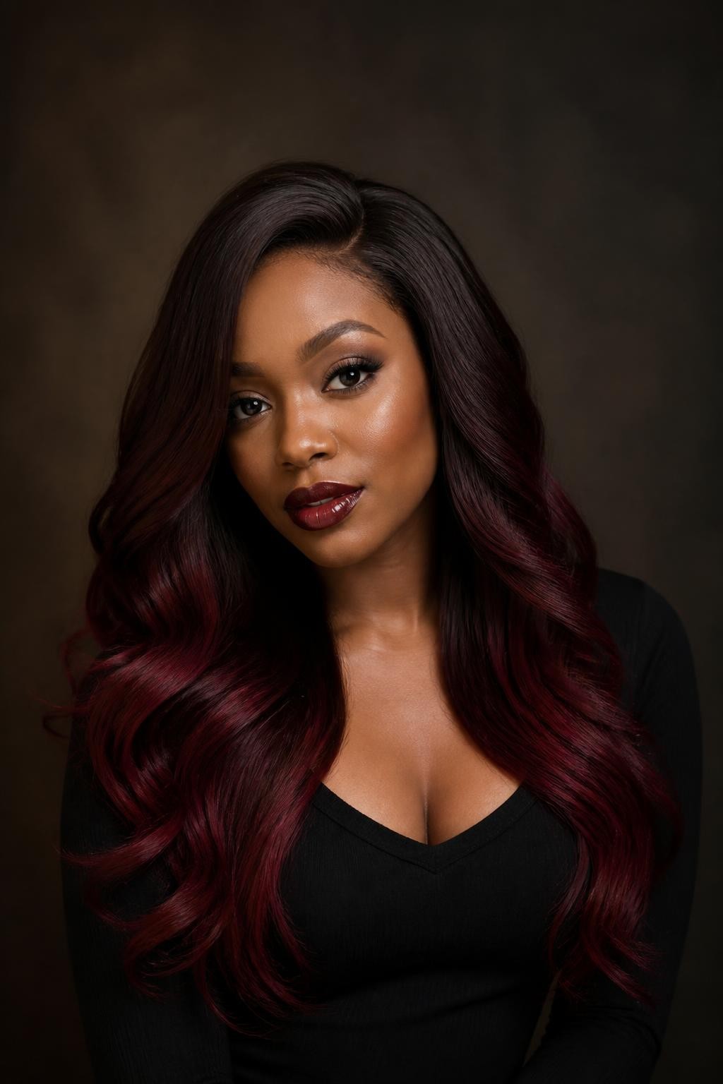 Image Prompt: A stylish brunette woman with long burgundy ombre hair, dark brown roots blending into deep burgundy mid-lengths and wine-red ends, glossy soft waves, medium-deep skin tone, berry-toned gloss, soft glam makeup, black fitted top, moody studio background, soft warm lighting, realistic DSLR editorial portrait, detailed burgundy shine and smooth gradient, no text, (no watermarks on images)