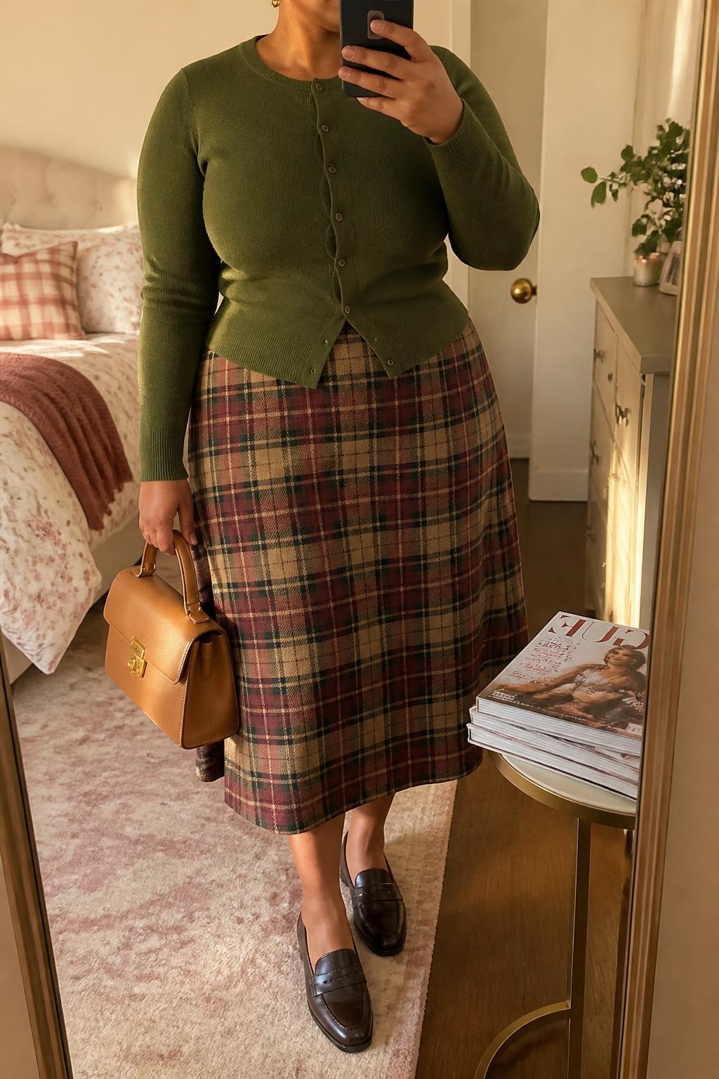 Mirror selfie of a plus size woman wearing an olive green fitted cardigan buttoned at the front, a camel, burgundy, and olive plaid A-line midi skirt, dark brown leather loafers, a structured camel top-handle bag, and small gold stud earrings, clearly showing the exact clothing items, olive knit, plaid skirt colors, footwear, and accessories listed, holding a phone in front of a mirror, cropped at the neck so her face does not show, relaxed feminine selfie stance, in a feminine-themed bedroom with evening golden-hour lighting, a stack of fashion magazines on a side table and a small plant on a dresser, realistic traditional Thanksgiving styling, latest iPhone photo quality.